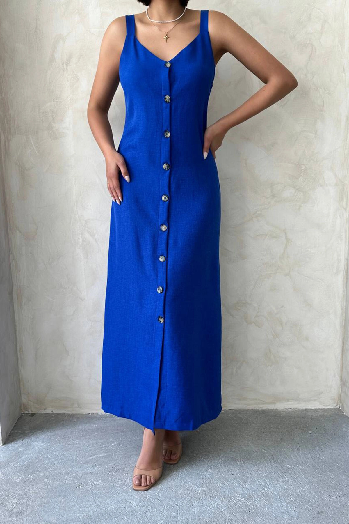 bacc-Women's Saks Strap Slit Detailed Maxi Length Woven Shirt Dress Bchn- 25255044 3