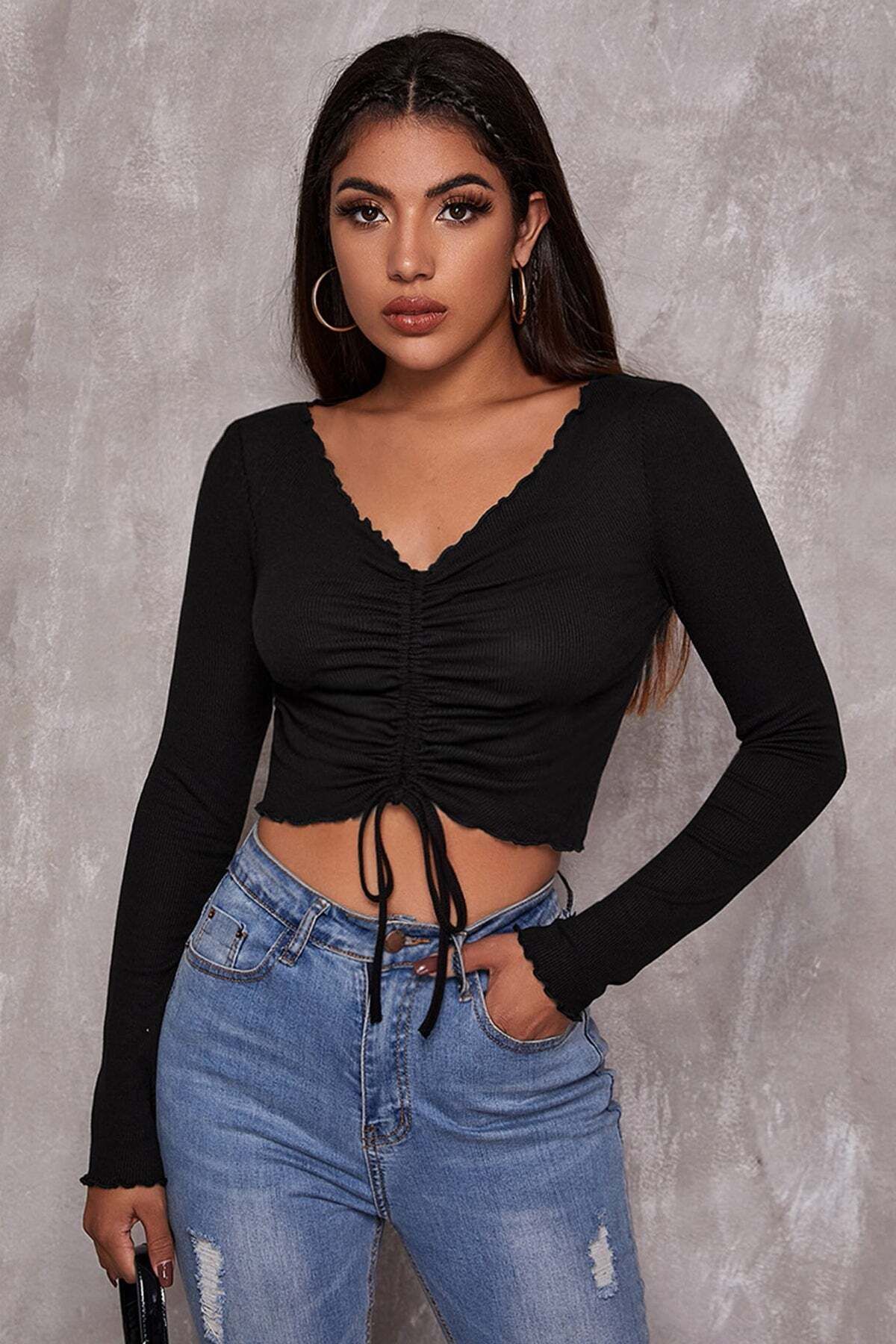 Ethab Ticaret Kadın Siyah Uzun Kollu Büzdürme Bağcık Detaylı Crop Top Bluz