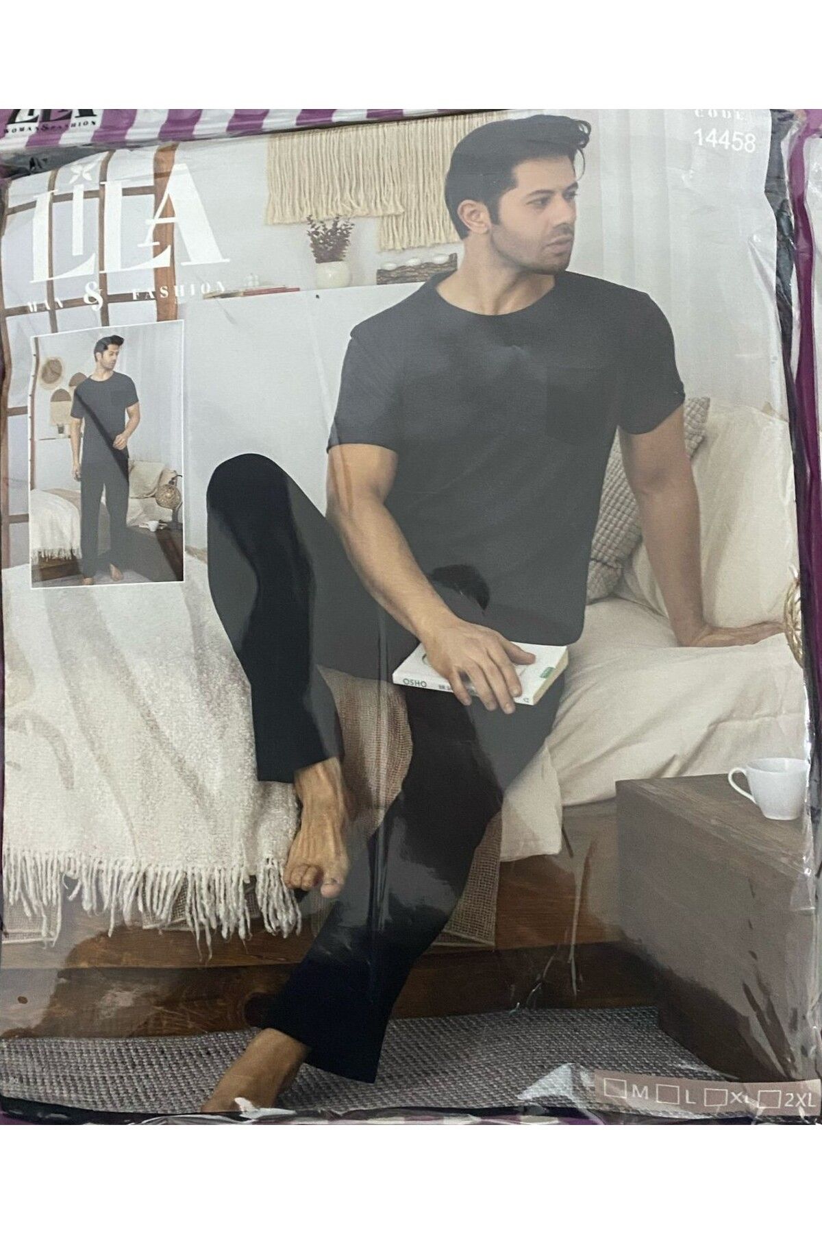 VELNO cep detaylı siyah kısa kollu erkek pijama takımı