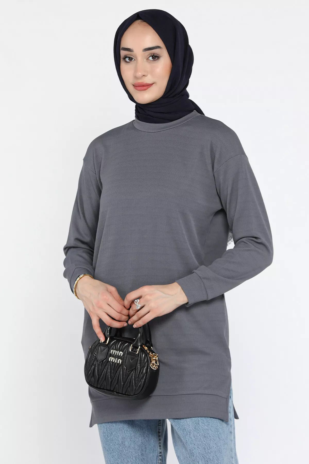 julude-Dark Gray Women's Crew Neck Self-Stripe Patterned Hijab Tunic 5