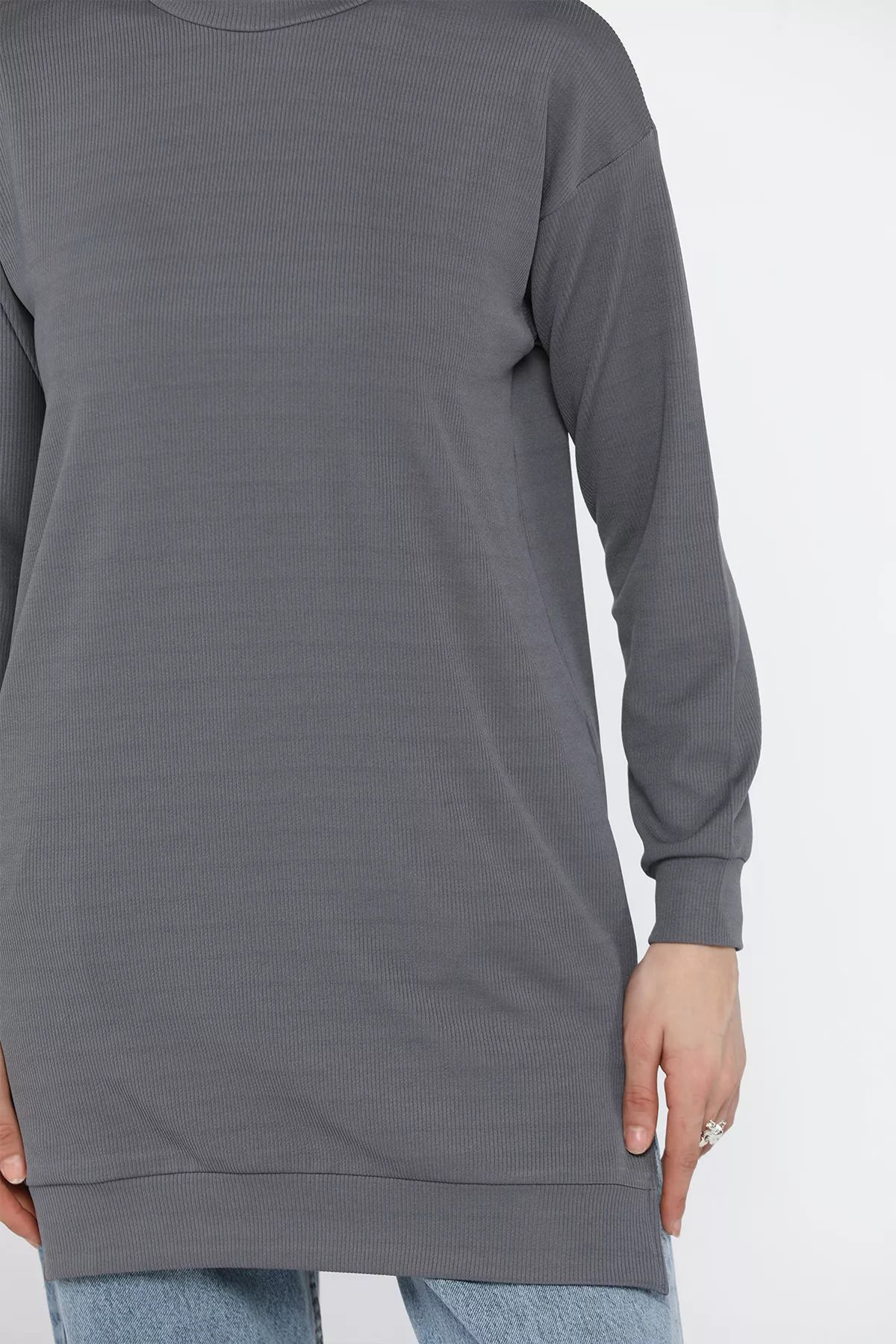 julude-Dark Gray Women's Crew Neck Self-Stripe Patterned Hijab Tunic 8