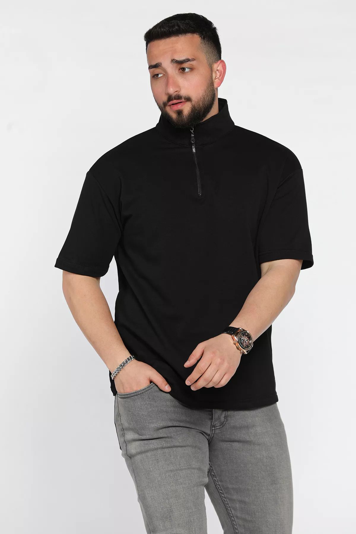 MİSHAR İTALİA Siyah Erkek Polo Yaka Yarım Fermuarlı Oversize Tişört
