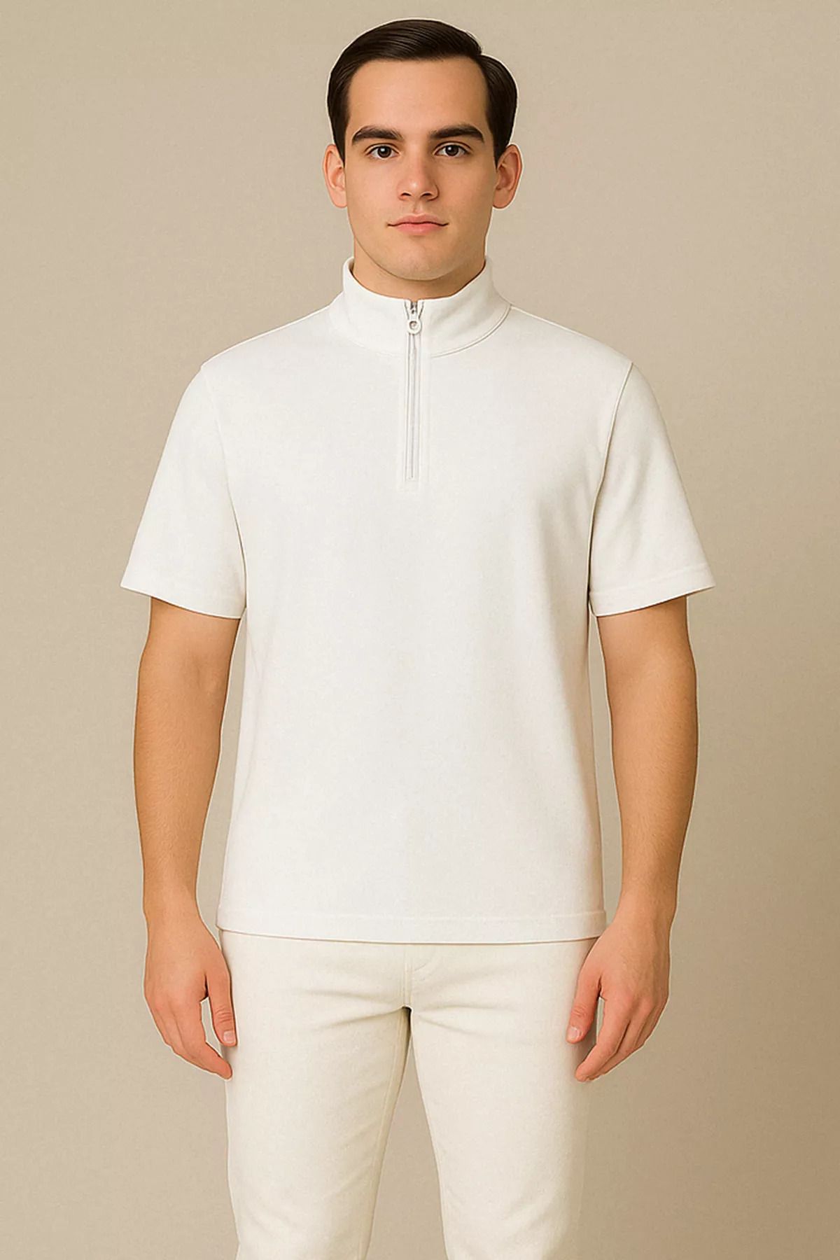 MİSHAR İTALİA Krem Erkek Polo Yaka Yarım Fermuarlı Oversize Tişört