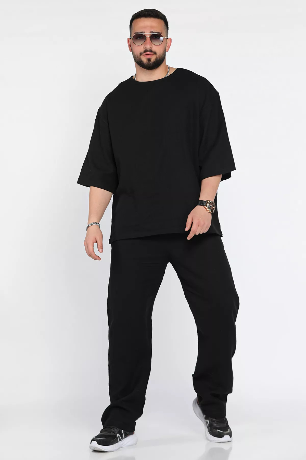 MİSHAR İTALİA-Black Men's Elastic Waist Trousers Oversize T-Shirt Double Set 1