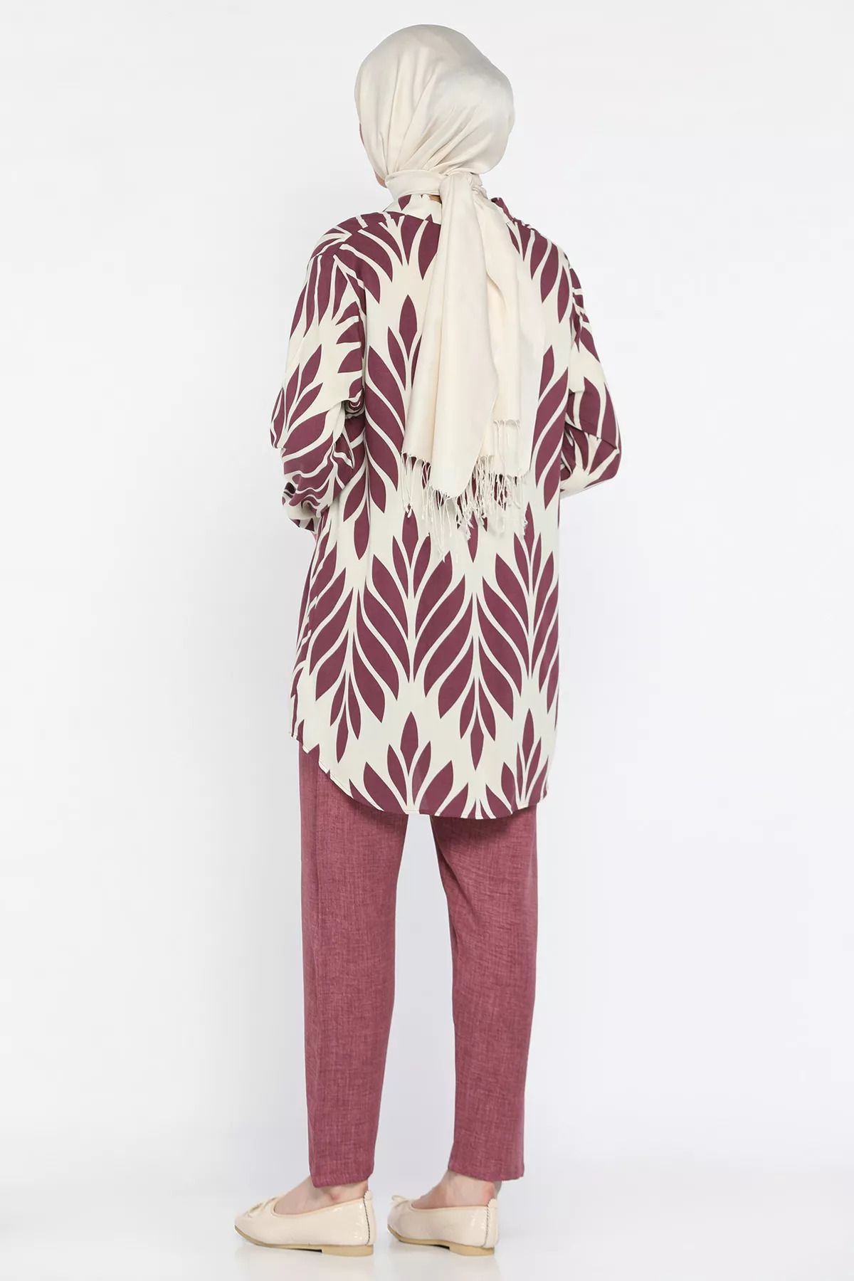 julude-Cream Plum Large Size Patterned Tunic Trousers Hijab Double Set 3