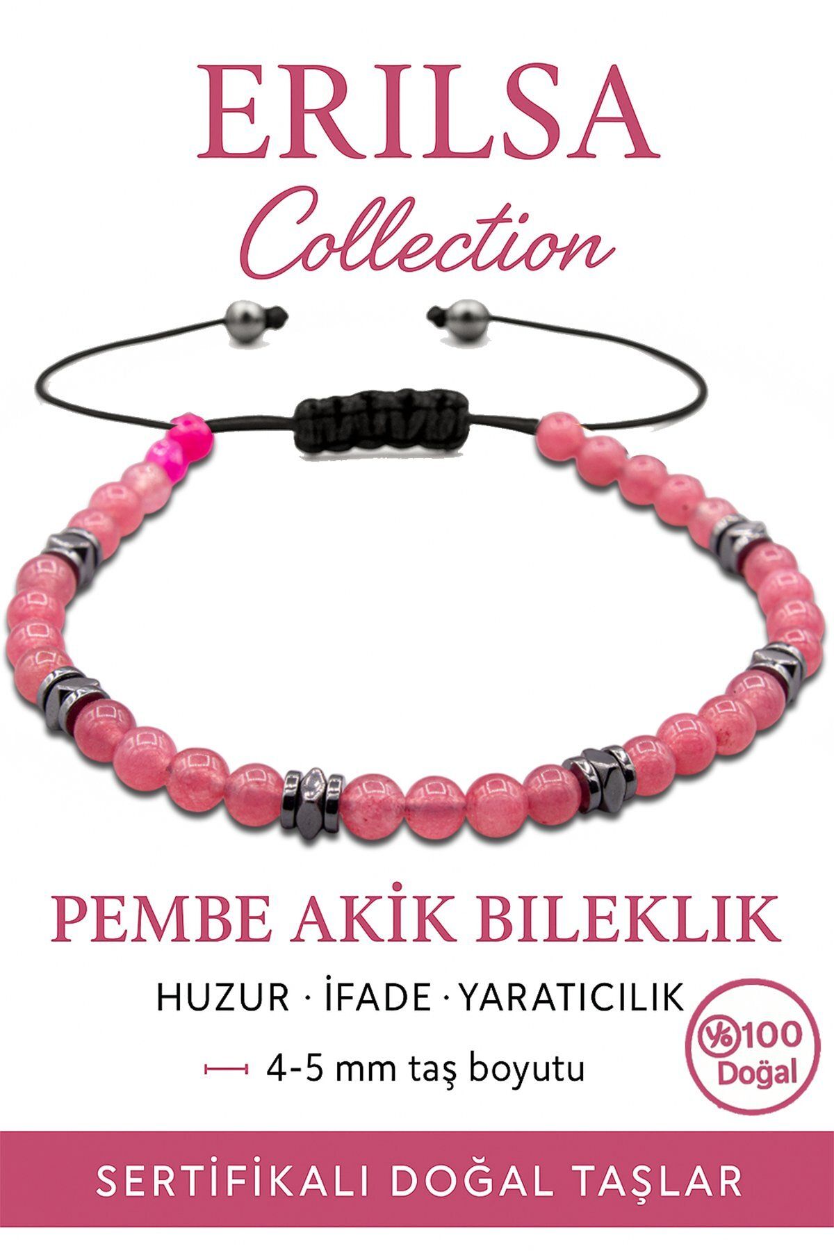 Erilsa Sertifikalı Terahertz - Pembe Akik Taşı Bileklik - İnce Model Sevgi ve Dinginlik Hissi