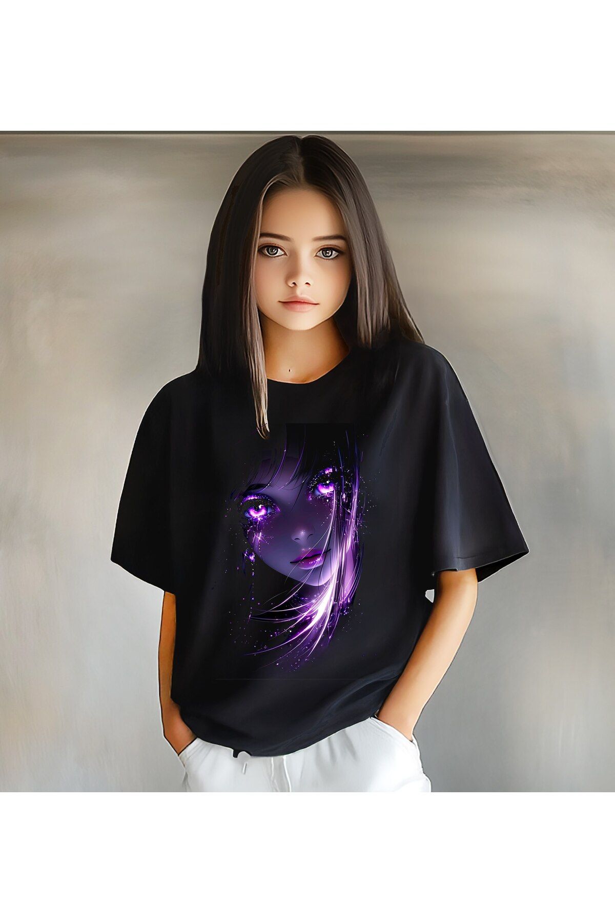 FANTASTİK BOMBASTİK Kız Çocuk Baskılı T-Shirt -Anime Baskılı siyah T-Shirt- 3D Desenli pamuklu günlük T-Shirt
