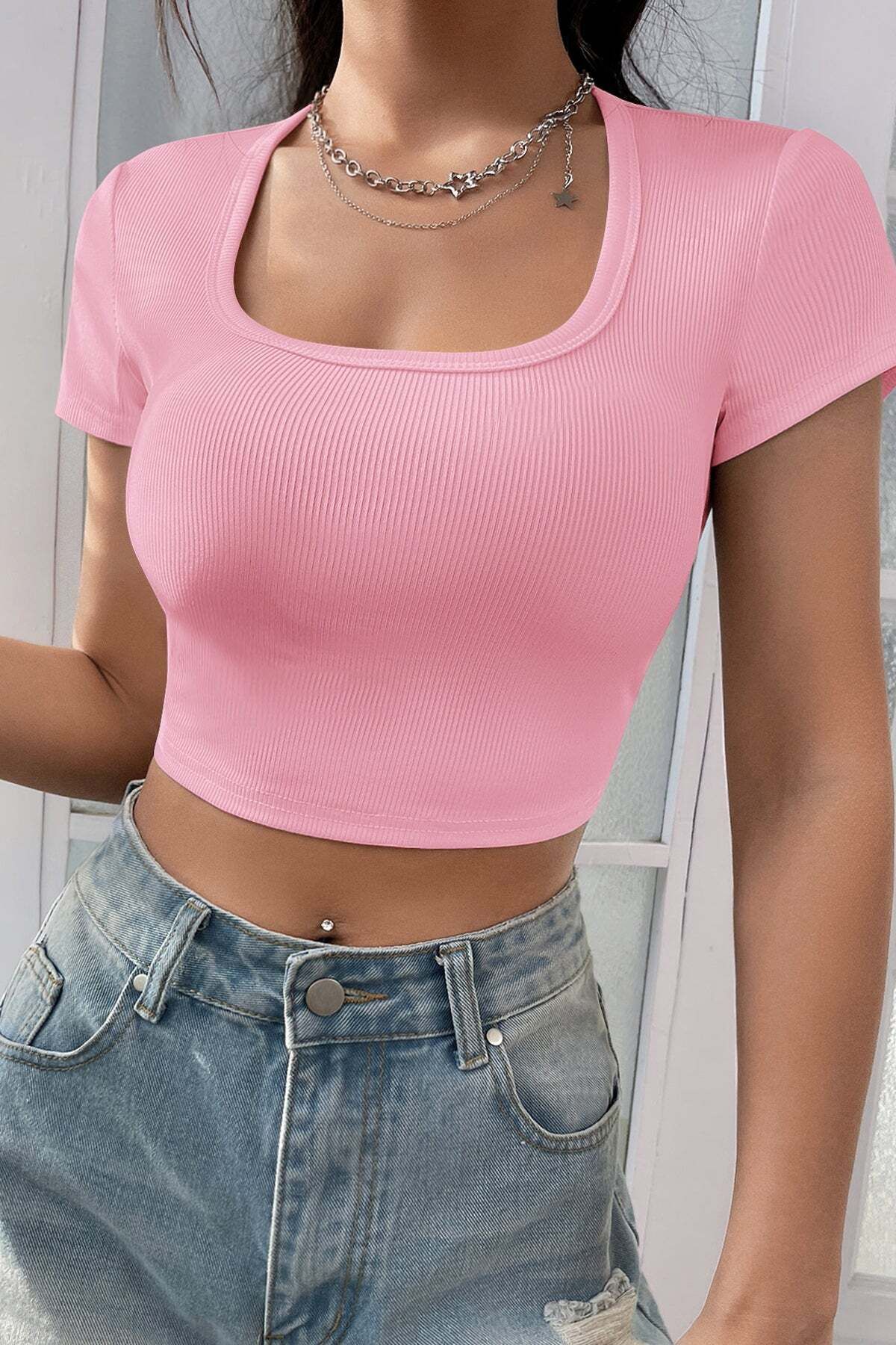 Ethab Ticaret Kadın Pembe Yarım Kol Düz Yaka Crop Top Bluz