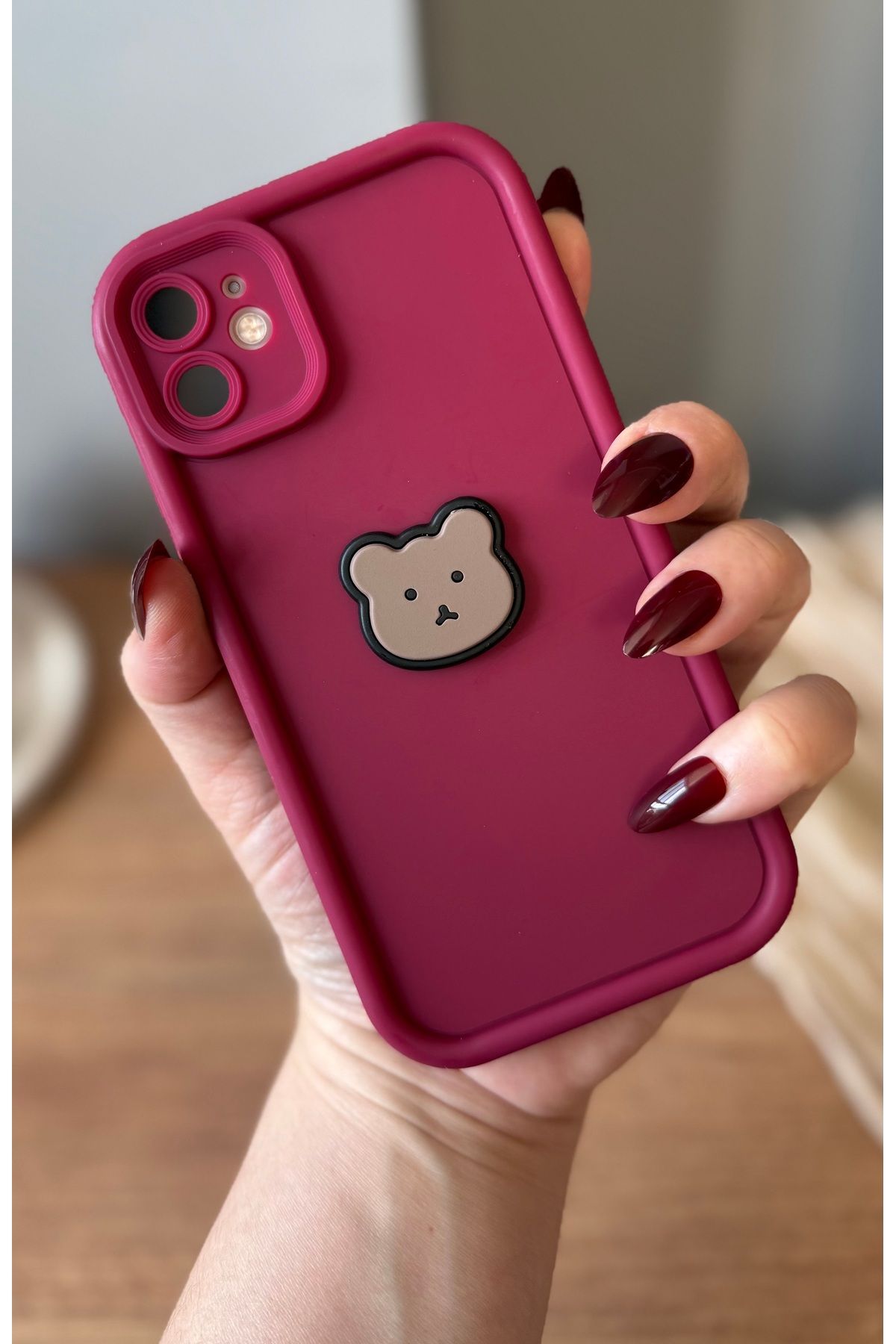 MirazTasarim IPHONE—12—3D AYICIK DEKORLU BORDO KALIN KENARLI KILIF