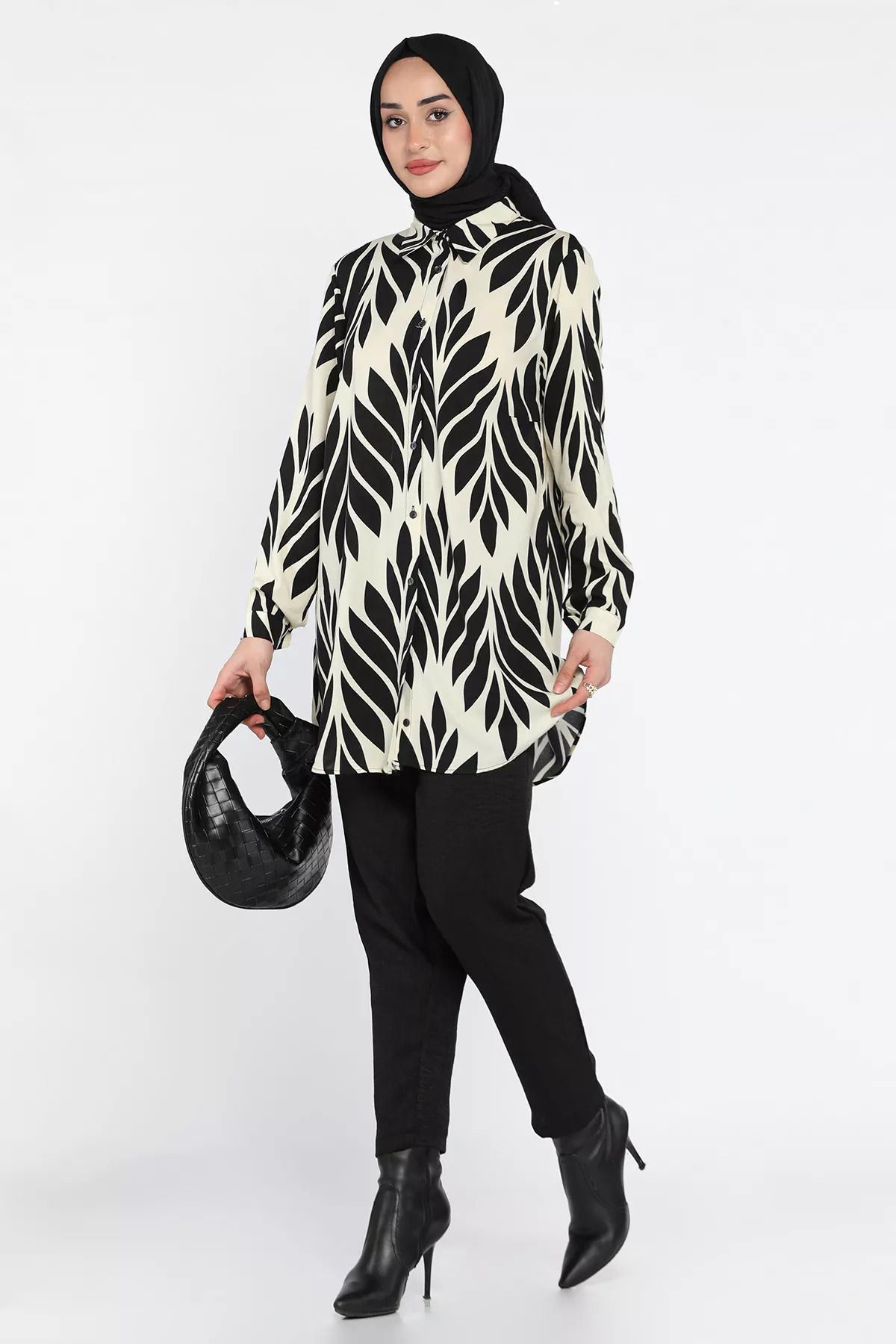 julude-Creamy Black Large Size Patterned Tunic Trousers Hijab Double Set 2