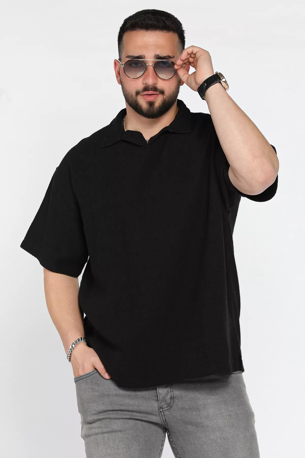 MİSHAR İTALİA Siyah Erkek Polo Yaka Oversize Basic Tişört
