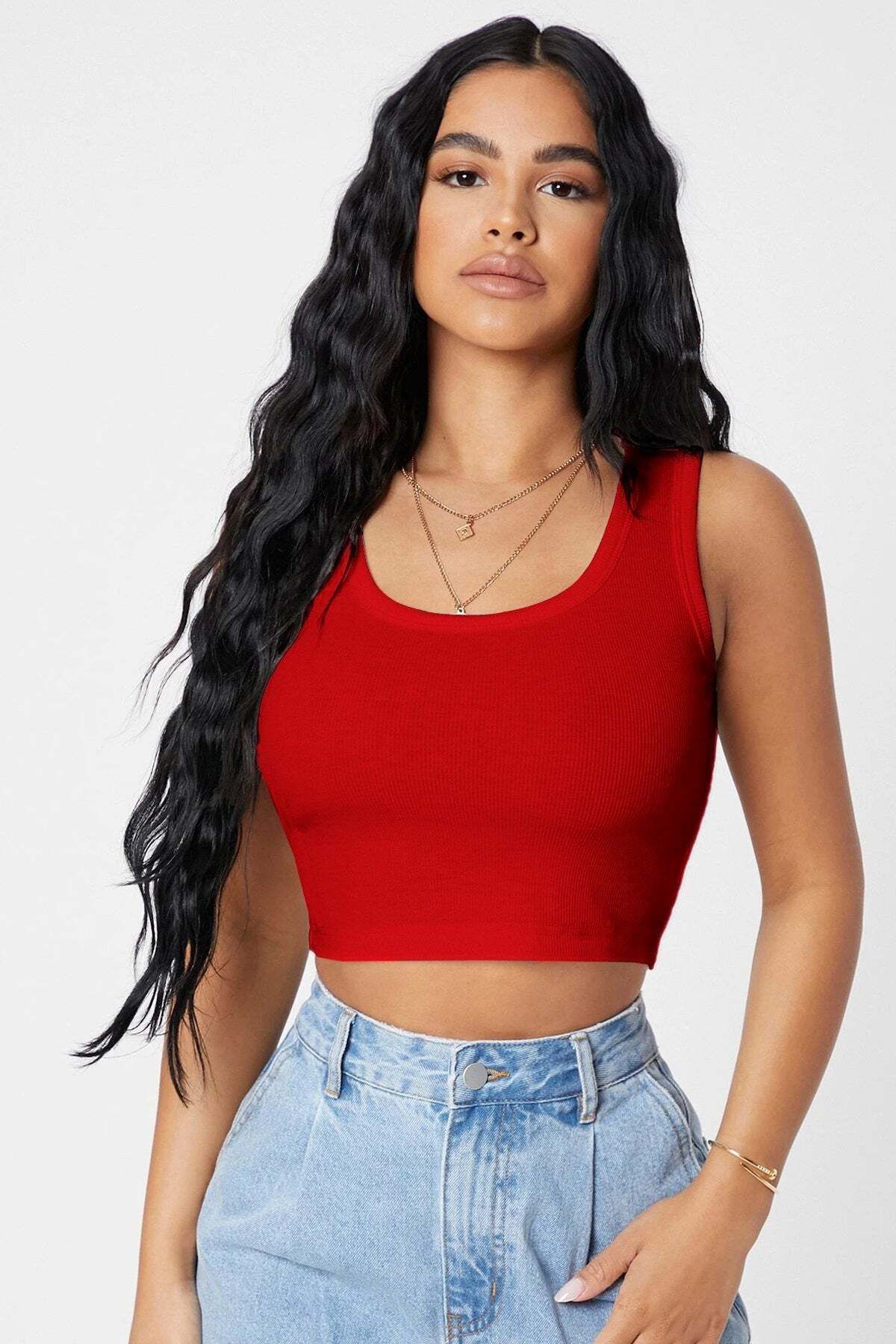 Ethab Ticaret Kadın Kırmızı Kare Yaka Crop Top Bluz