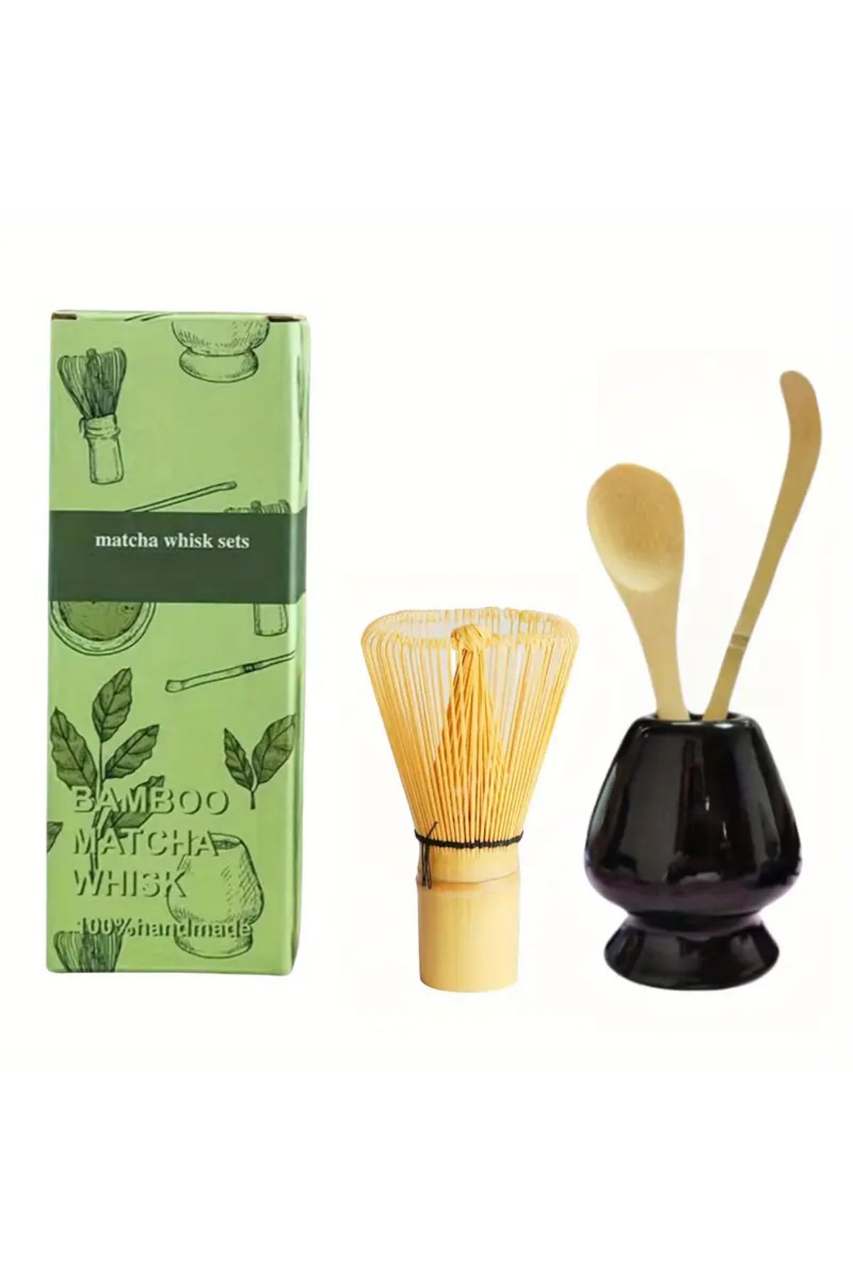 ATACI 4lü Set Matcha Set Bambu Karıştırıcı Çay Kaşığı Seramik Aparatlar Matcha Karıştırıcı