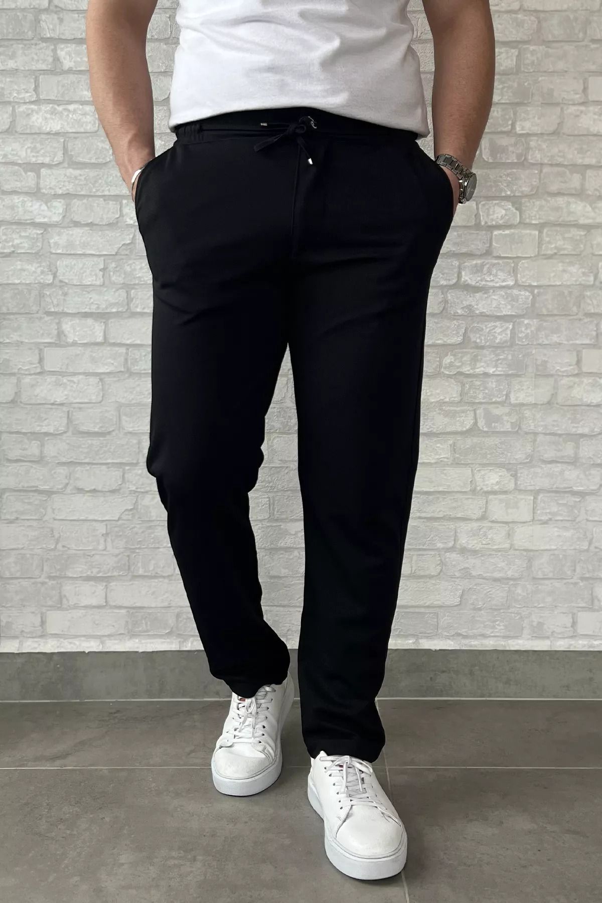 MİSHAR İTALİA Siyah Erkek Bel Bağcıklı Fermuarlı Düz Paça Jogger Pantolon