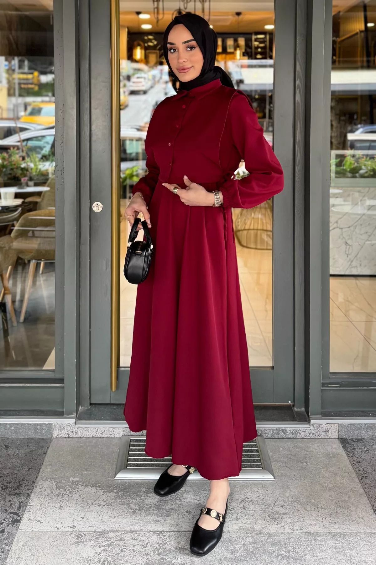 julude Bordo Yan Bağlamalı Bluz Kombinli Tesettür Elbise