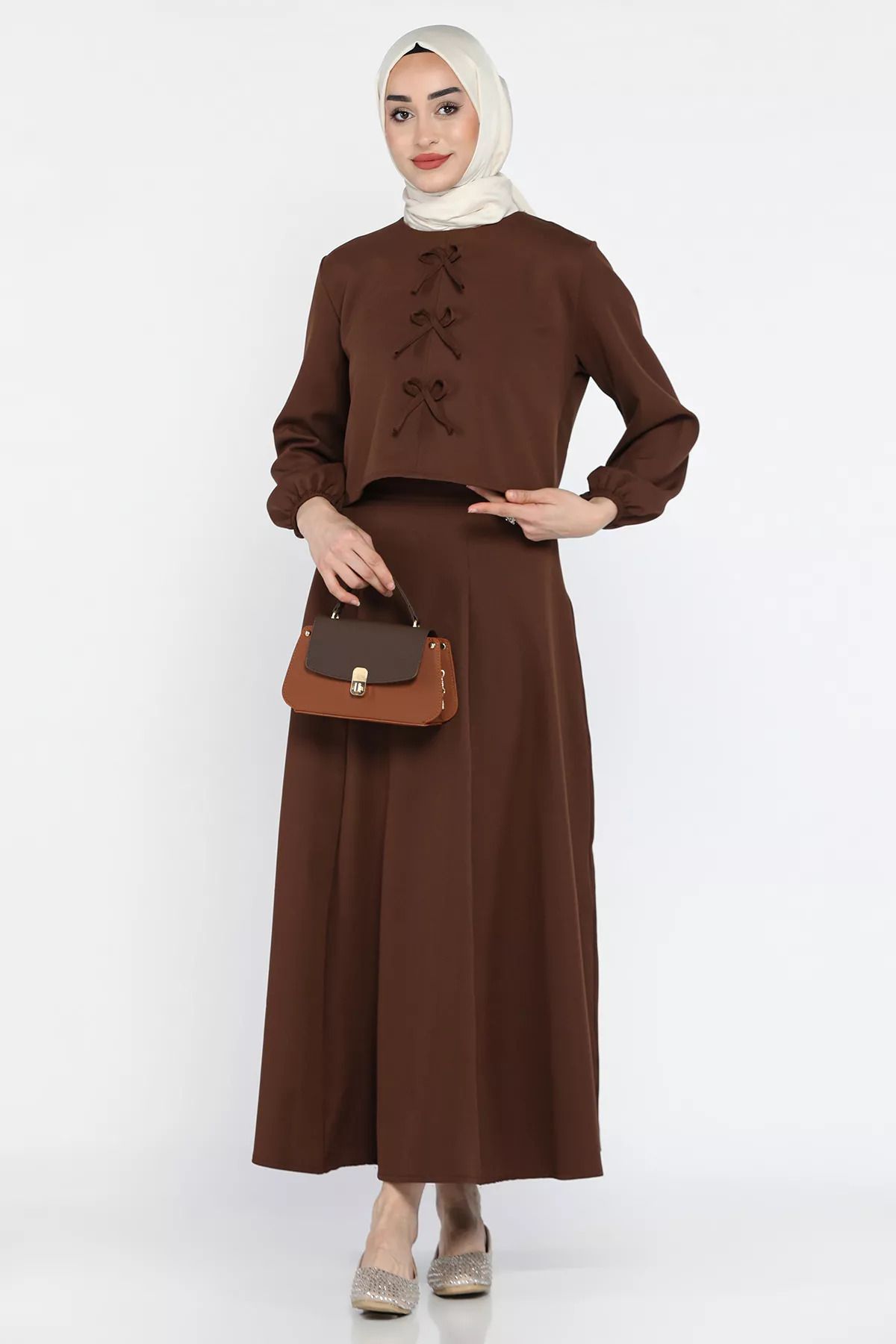 julude-Brown Bow Blouse Skirt Hijab Double Set 5