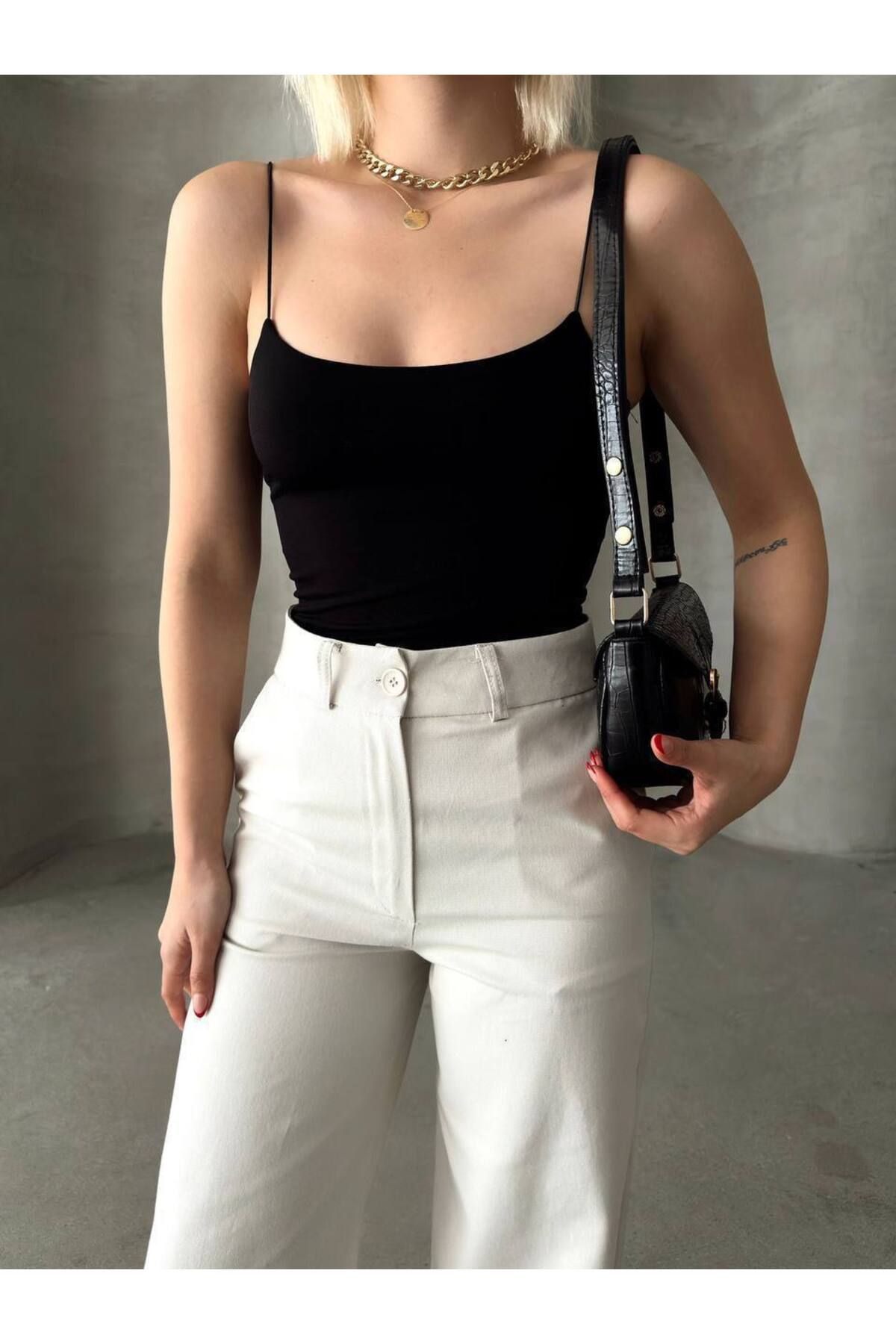 FASHİON TREND Kadın Siyah İnce Askılı Basic Uzun Atlet