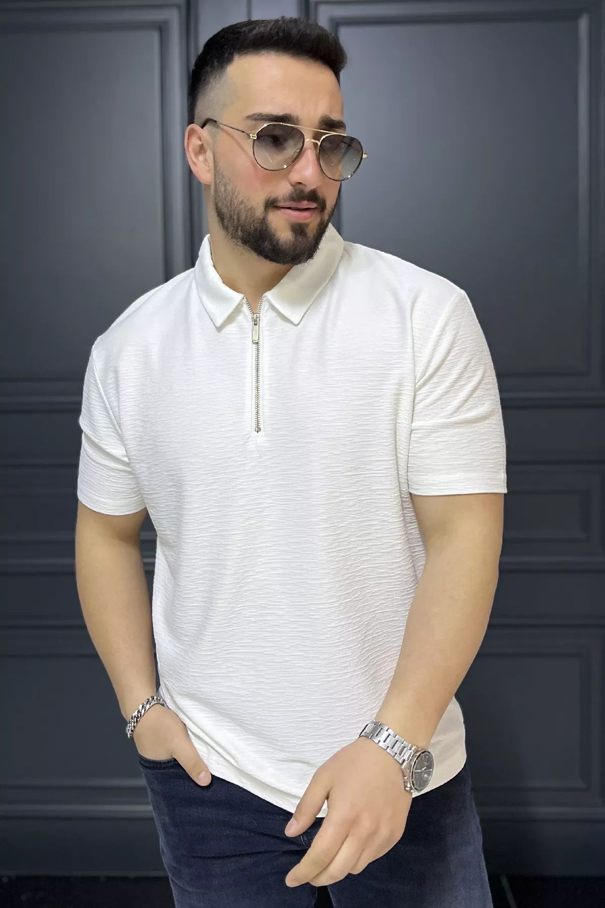 MİSHAR İTALİA Krem Erkek Polo Yaka Yarım Fermuarlı Tişört