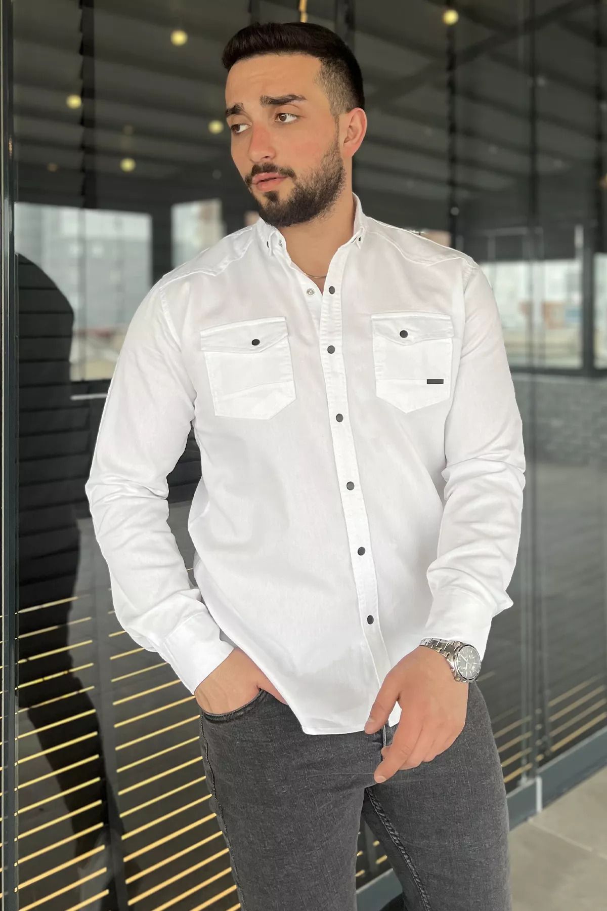 MİSHAR İTALİA Beyaz Erkek Cepli Çıtçıtlı Uzun Kol Gömlek