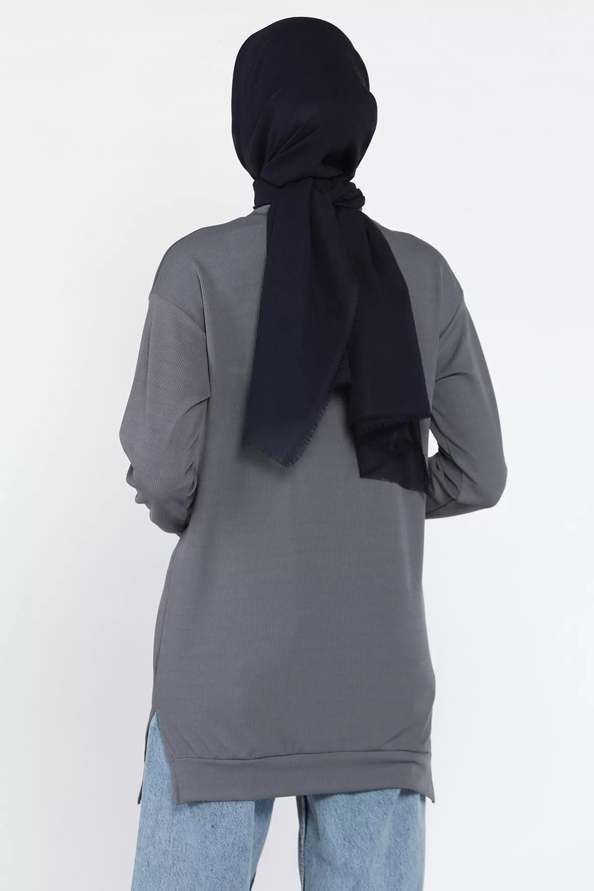 julude-Dark Gray Women's Crew Neck Self-Stripe Patterned Hijab Tunic 3