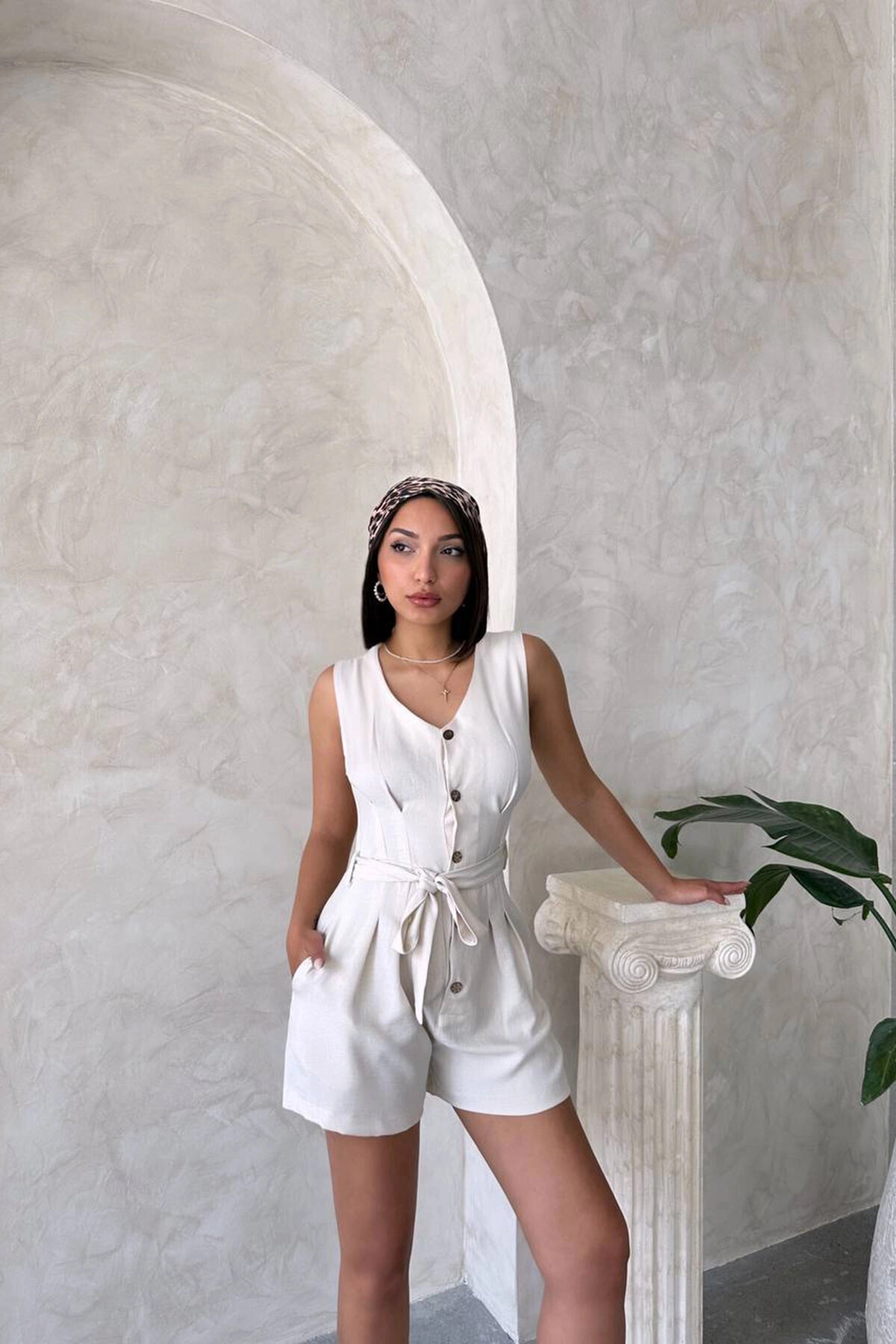 bacc-Women's White Belted Pleated Buttoned Shorts Jumpsuit Bchn- 25255055 5