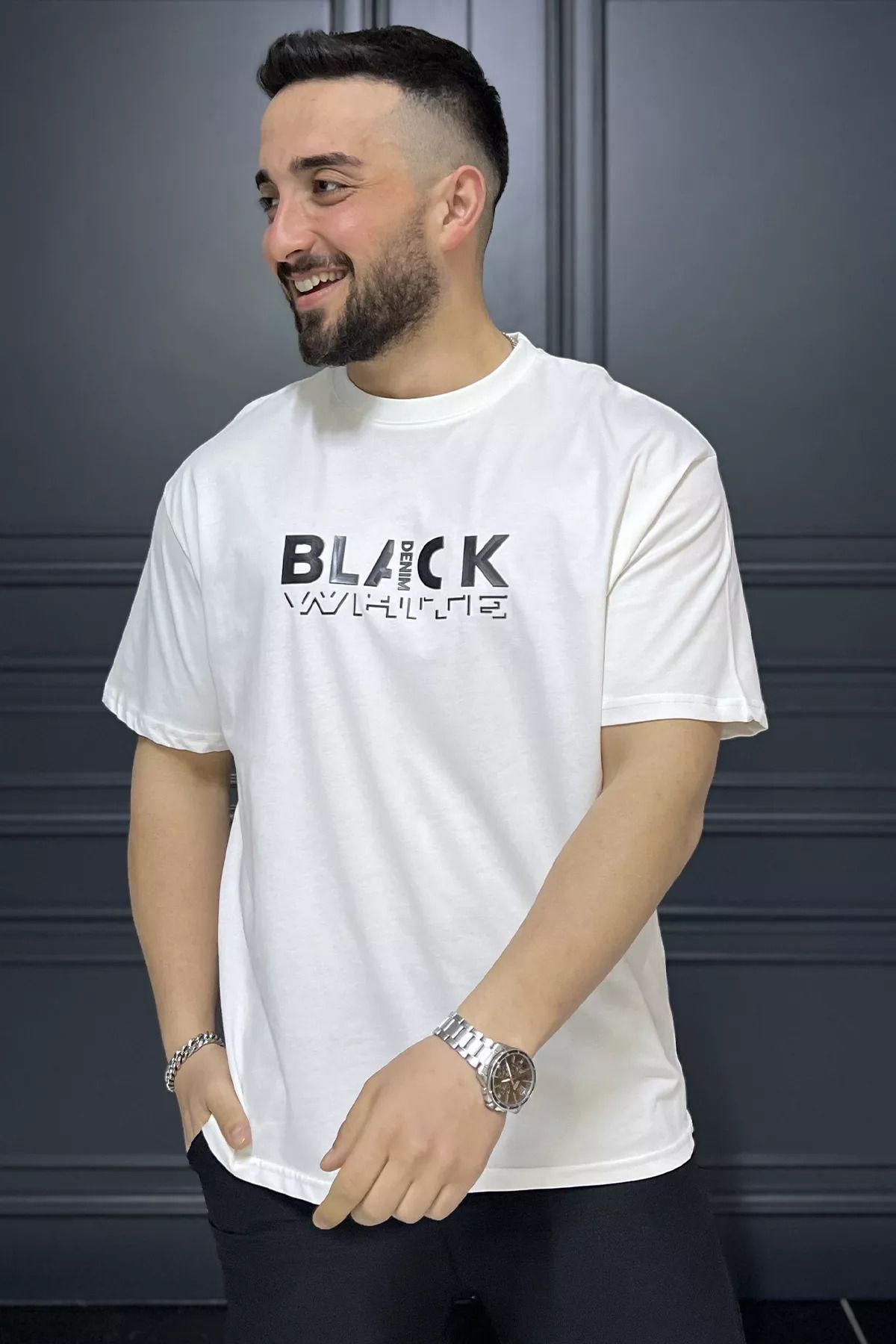 MİSHAR İTALİA Krem Yazı Baskılı Erkek Bisiklet Yaka Tişört