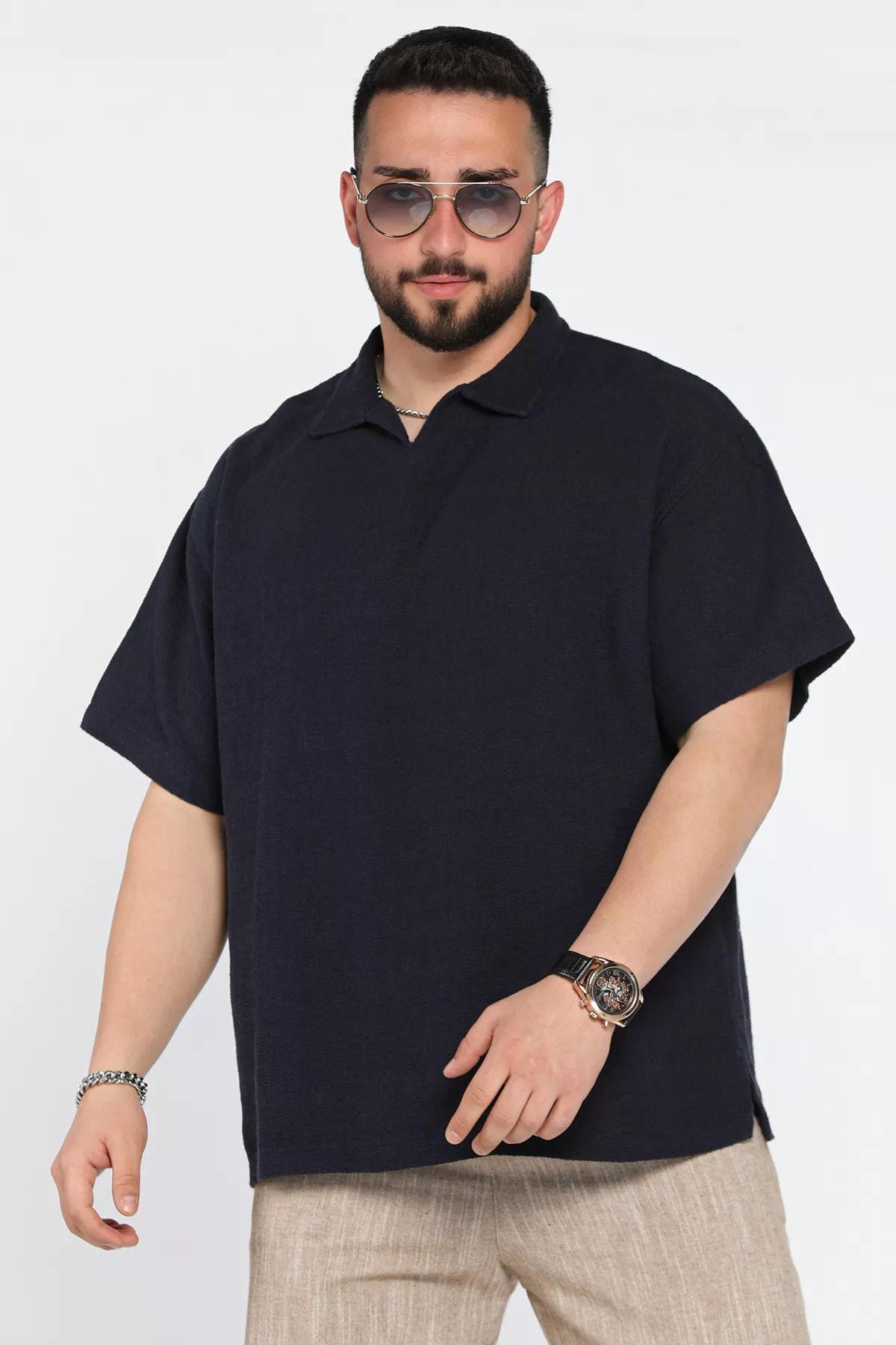MİSHAR İTALİA Lacivert Erkek Polo Yaka Oversize Basic Tişört