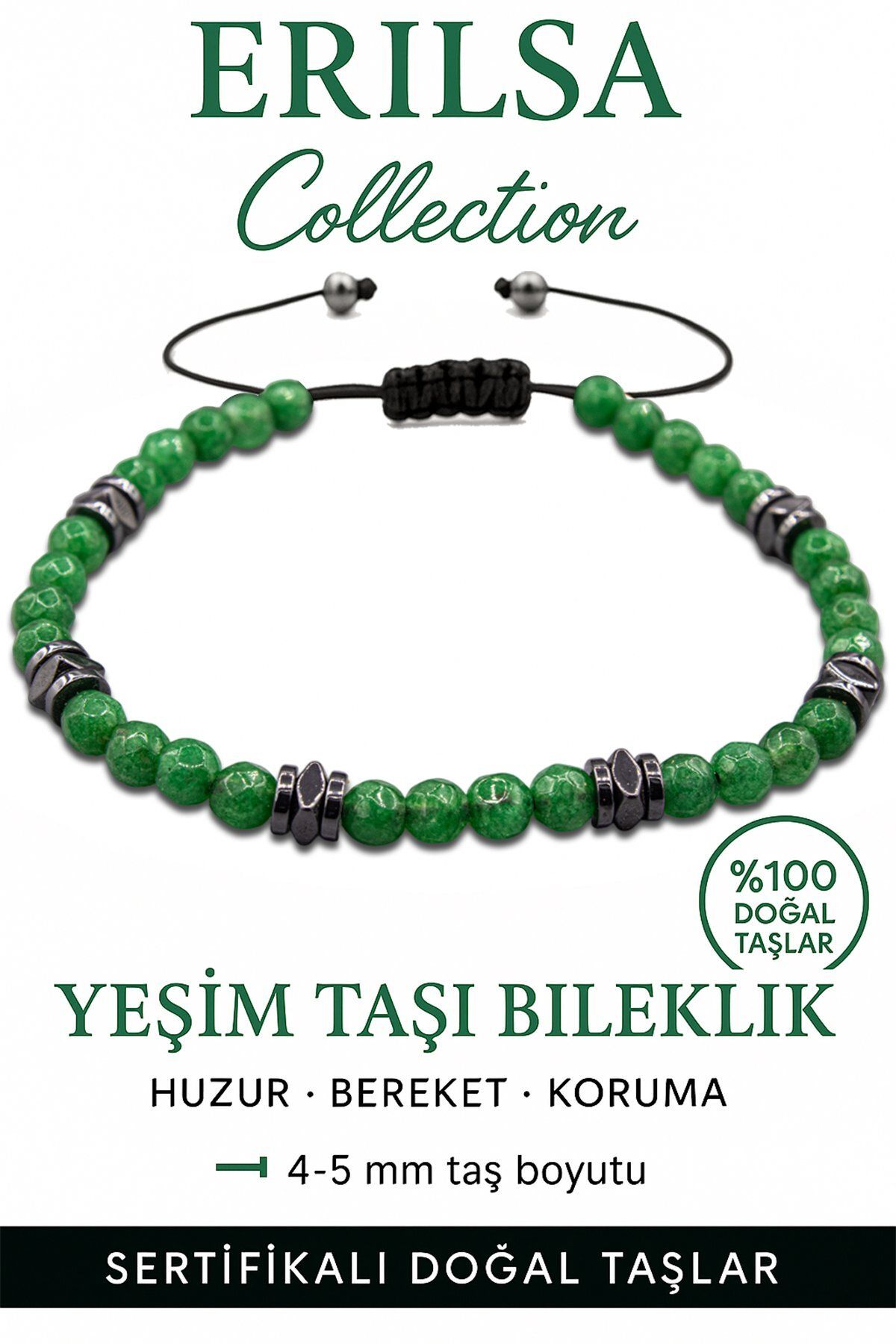 Erilsa Sertifikalı İnce Model Fasetli Terahertz ve Yeşim Jade Taşı Bileklik – Enerji Dengeleyici