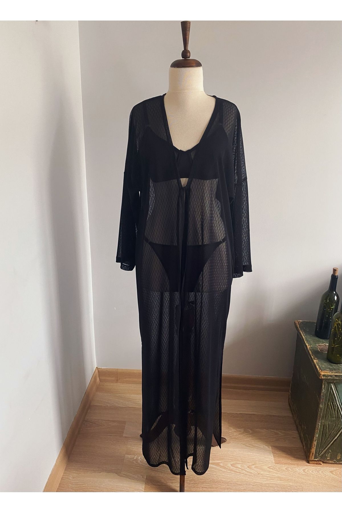 WhiteArt Kadın Özel Tasarım Tül Transparan Önden Bağlamalı Sabahlık Pareo Kimono
