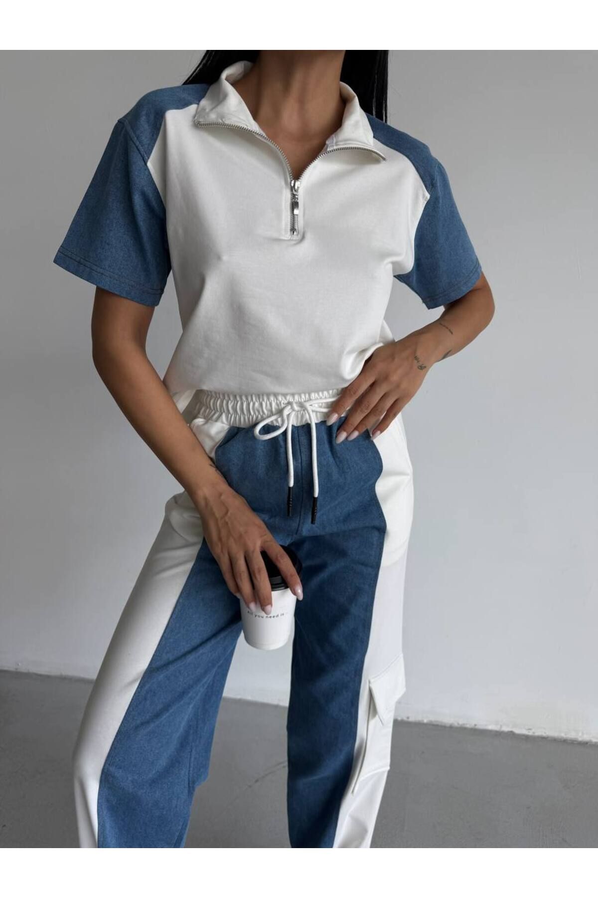 Castivo Fashion Fermuarlı Yarım Kol Denim Garnili Eşofman Takımı