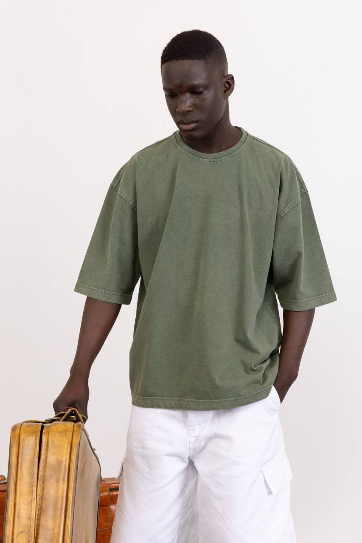 WONG Haki Asit Yıkamalı Oversize Unısex Tshirt