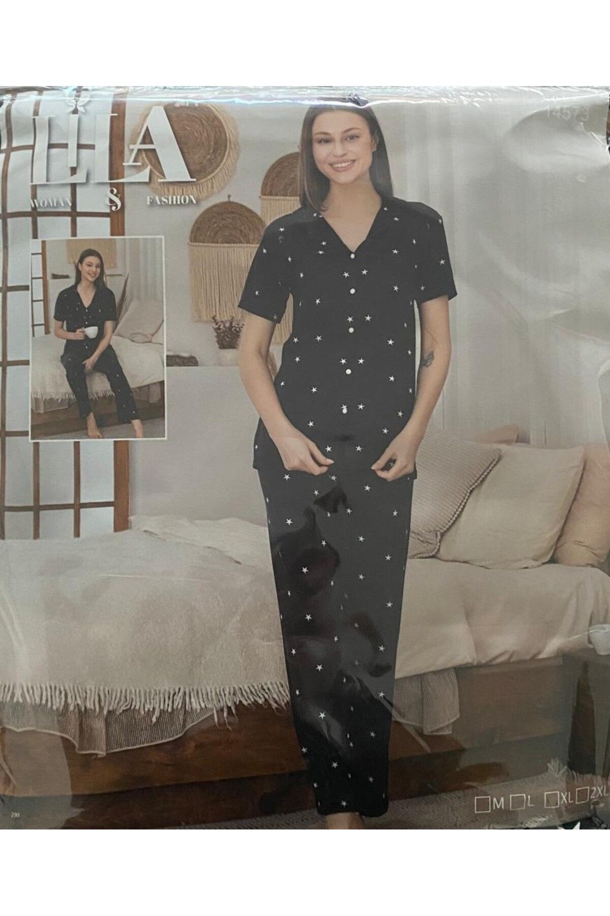 VELNO yıldız desenli kısa kollu siyah pijama takımı