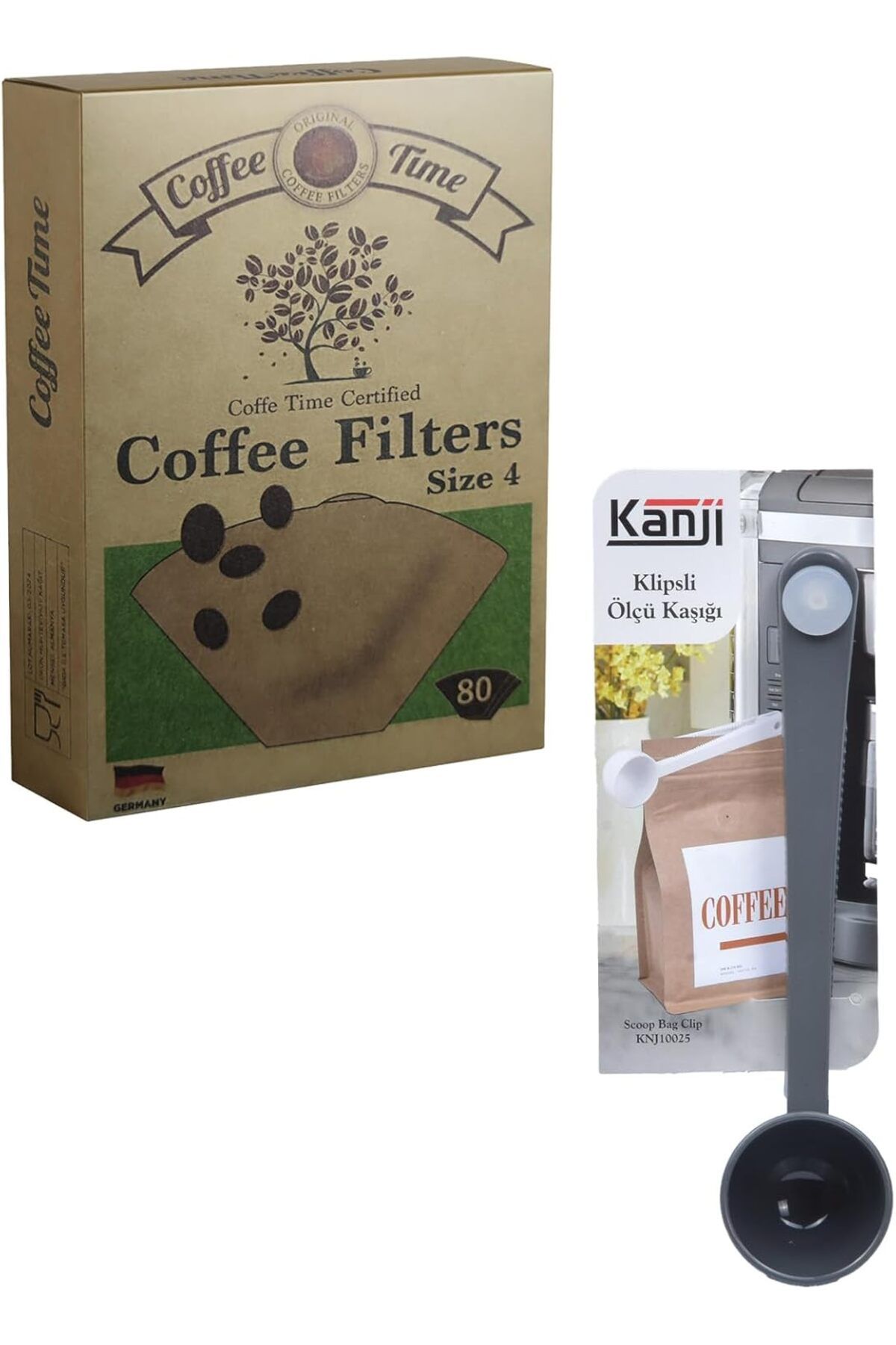 MCreative Time Filtre Kahve Kağıdı 1/4 4 Numara 80'li Paket + Kanji Klipsli Çay Kahve Ölçü Kaşığı - Gri