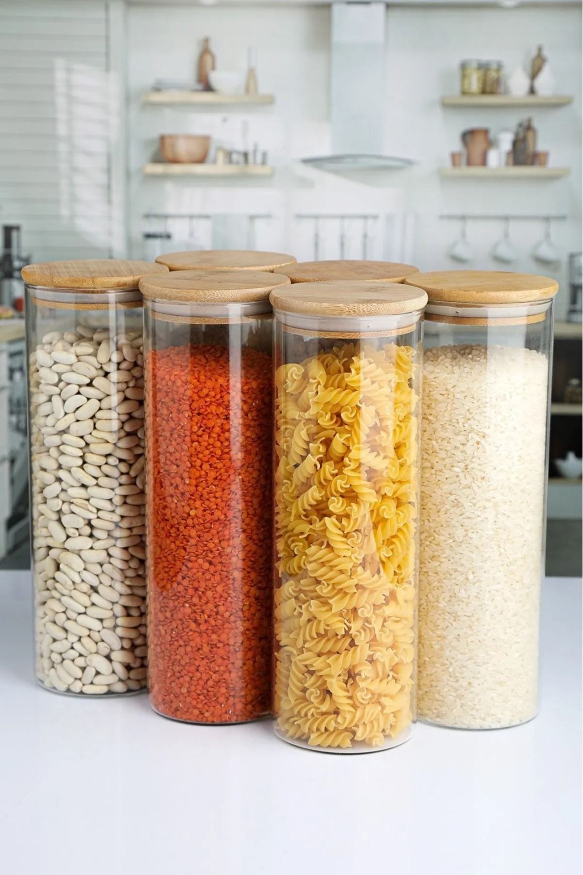 Noah Exclusive 1500 ml - 6'lı Borosilikat Cam Baharatlık Seti - Sızdırmaz Silikonlu Bambu Kapak - 90 x 240 mm (x6)