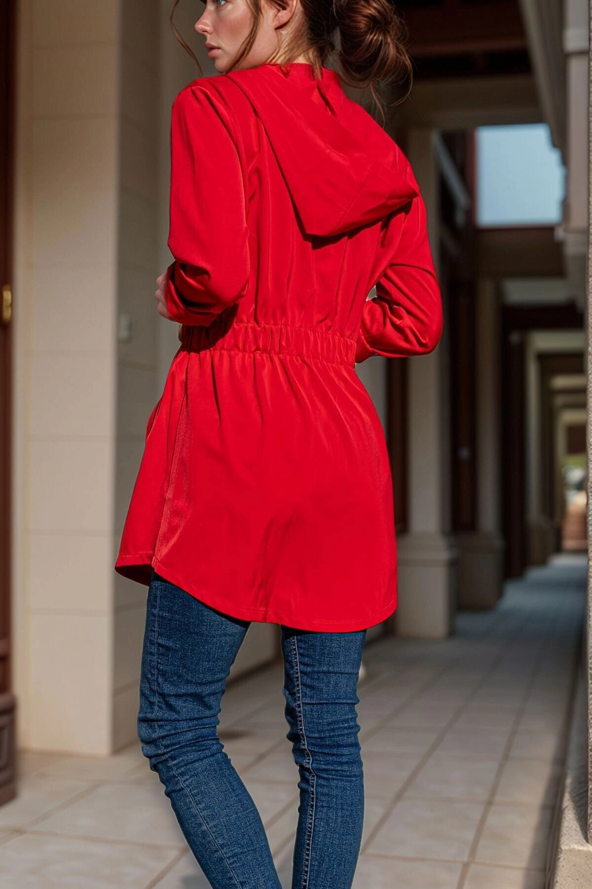 bacc-Women's Red Elastic Waist Pocket Hooded Jacket Bcbsk-25700-3233 2