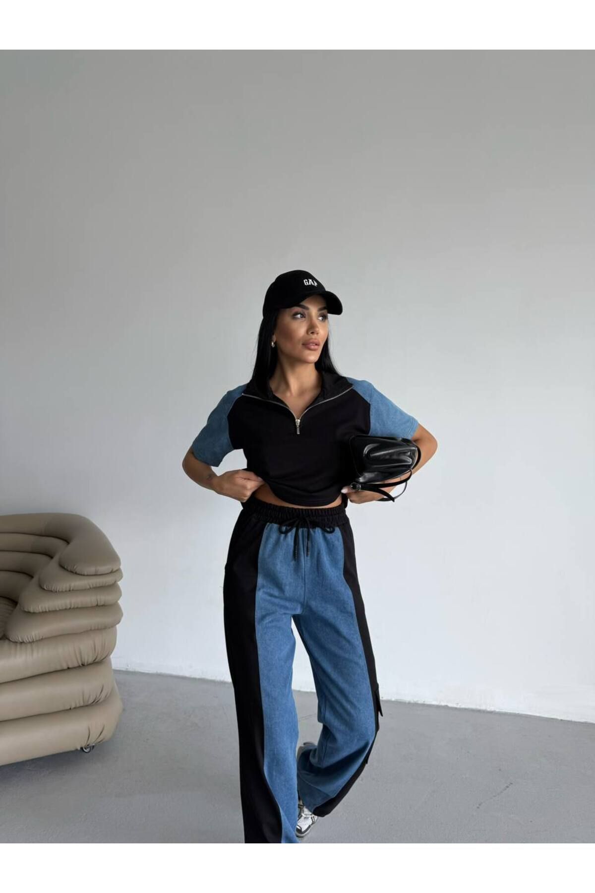 Castivo Fashion Fermuarlı Yarım Kol Denim Garnili Eşofman Takımı