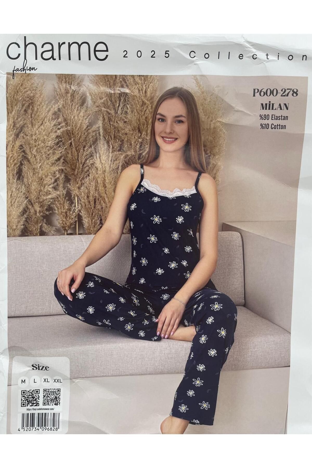 CHARME KOYU MAVİ ÜSTÜNE SARI ÇİÇEKLİ İP ip askılı incecik milan kumaş KADIN MİLAN KUMAŞ PİJAMA