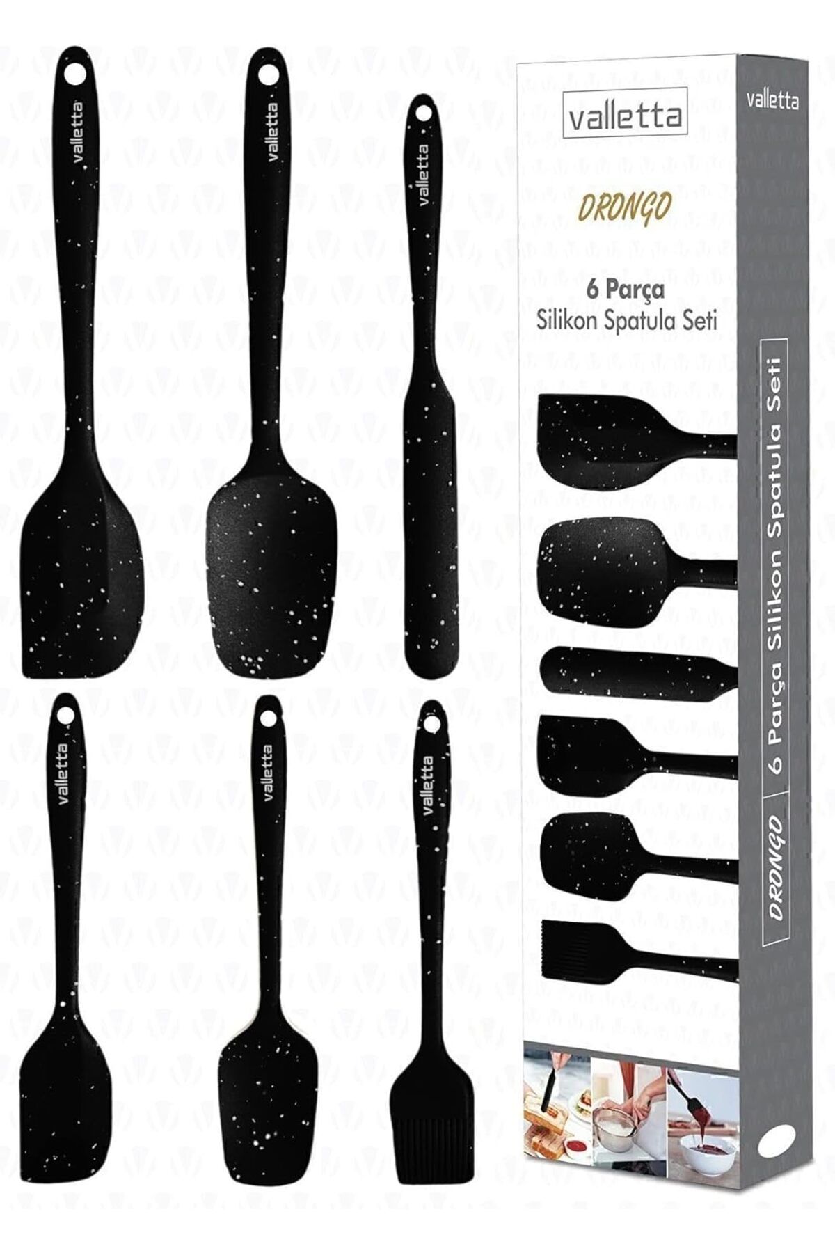 STOREMAX nffashopm Drongo Isıya Dayanıklı Yanmaz Yapışmaz Silikon Spatula Seti 6 Parça Siyah Noktalı s
