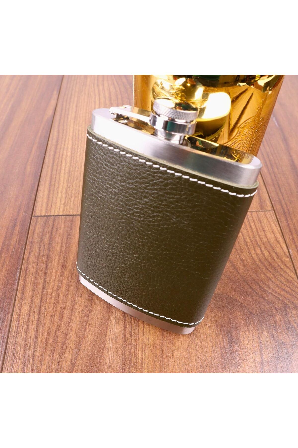 yenibagshop 8 Oz 235 cc Hunili Haki Yeşil El Yapımı Deri Kılıflı Çelik Viski Cep Matarası