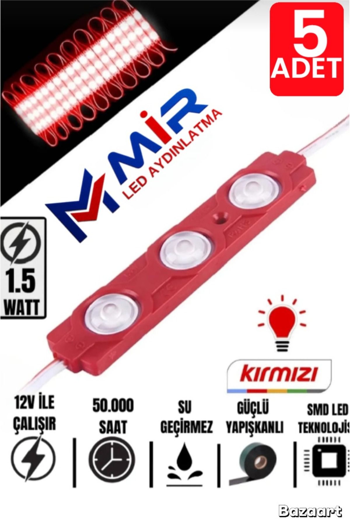 MİRLED AYDINLATMA MİR LED AYDINLATMA 3 Ledli Parmak Led Modül 1.5w 2835 Smd Mercekli 12V led Kırmızı Renk 5-ADET