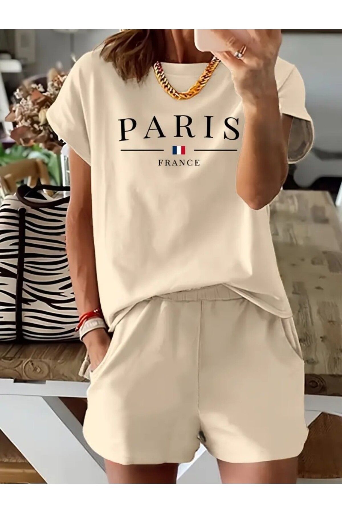 trend selection Paris France Bayrak Baskılı, Oversize Alt Üst Takım