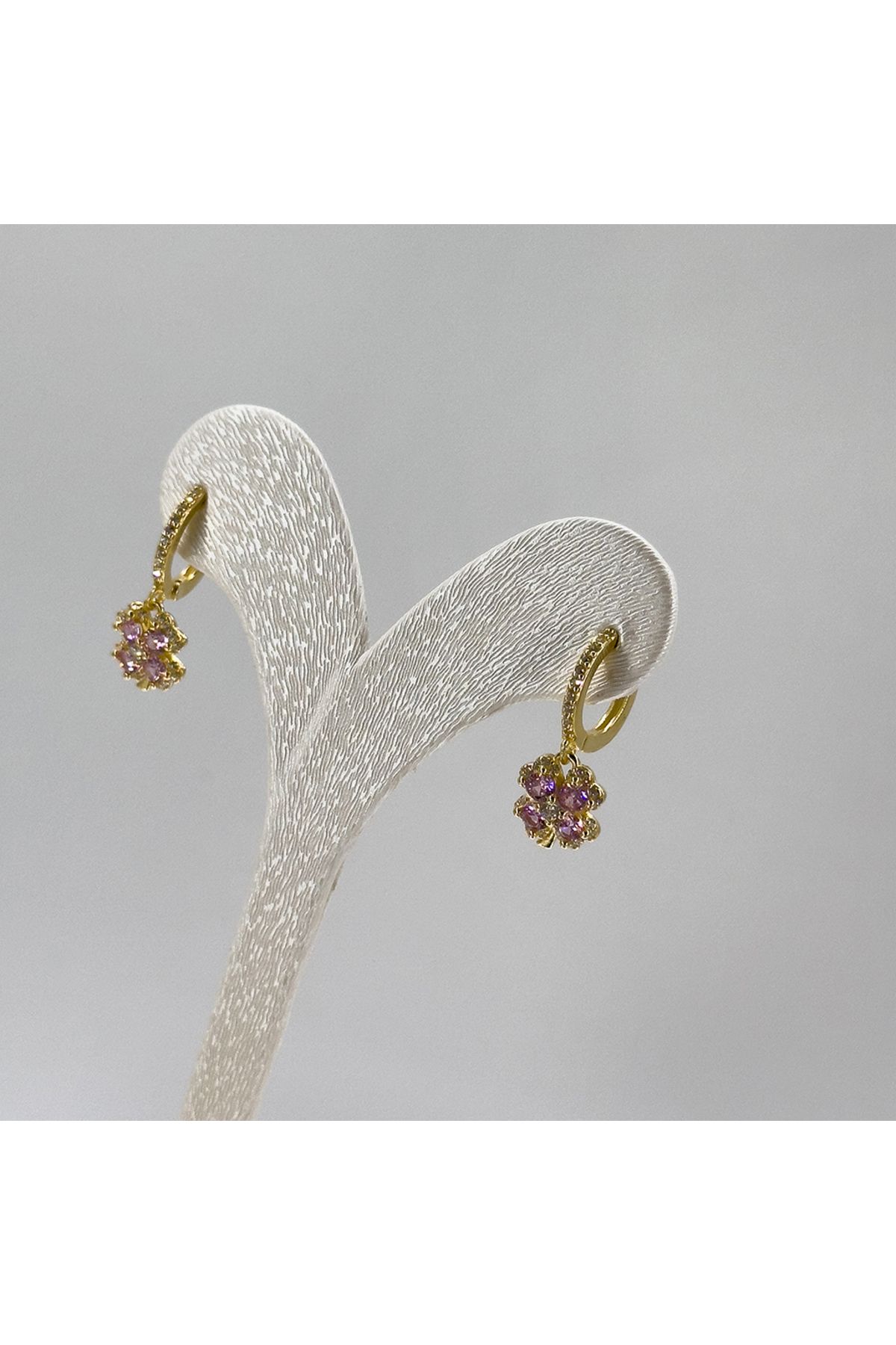 Livora Jewelry Gold Renk Pembe Kuvars Yonca Gümüş Küpe