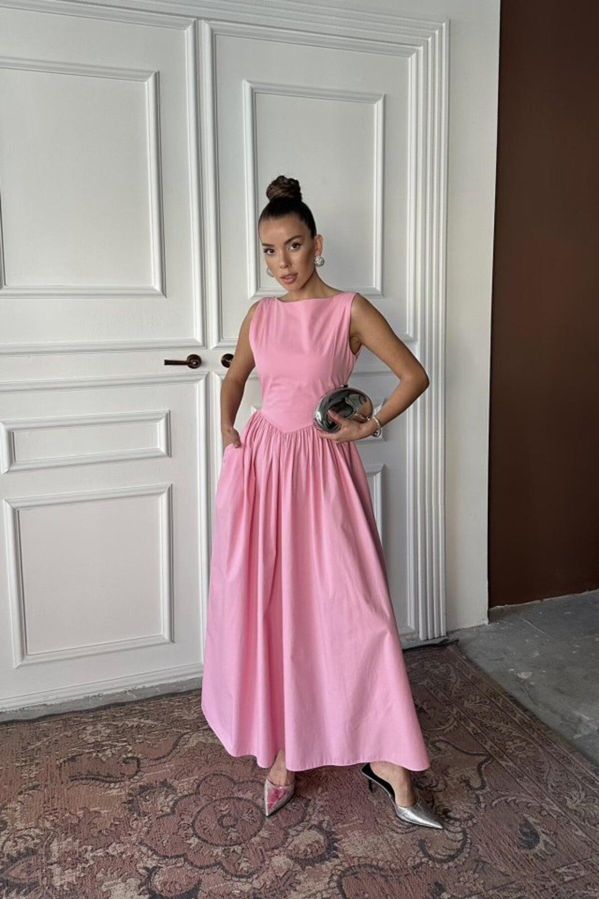 POLEXP Pembe Uzun Büzgülü Elbise