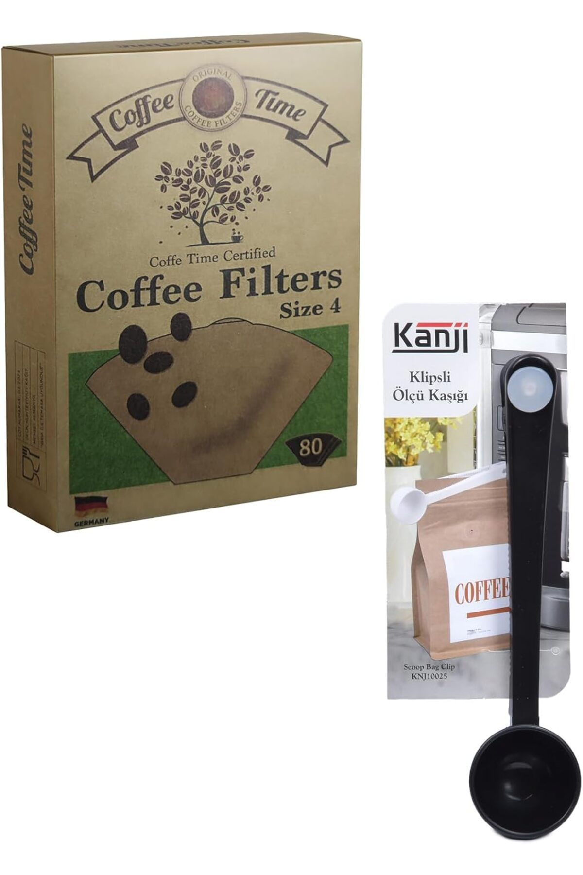 yenibagshop Time Filtre Kahve Kağıdı 1/4 4 Numara 80'li Paket + Kanji Klipsli Çay Kahve Ölçü Kaşığı - Siyah