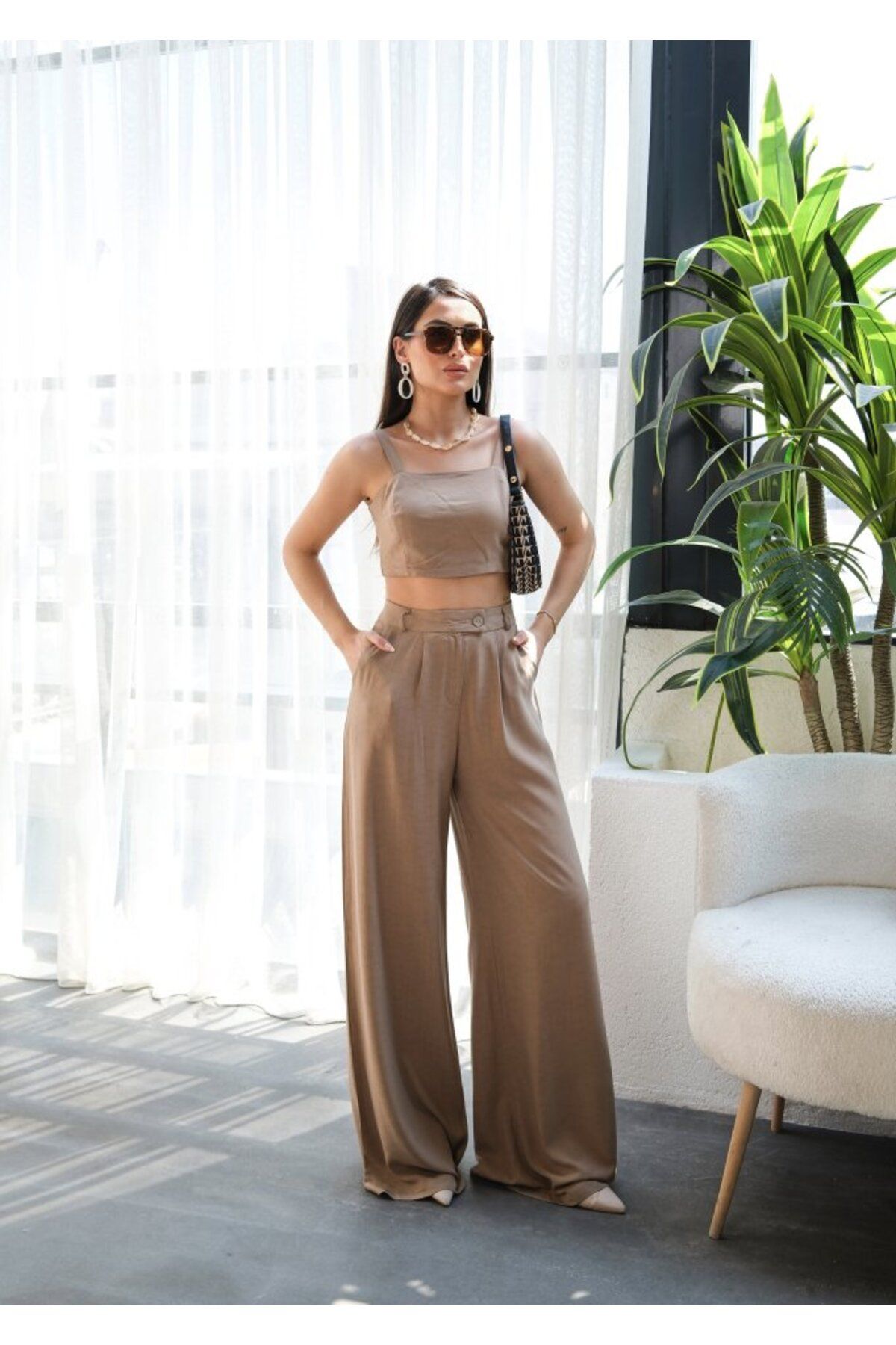 POLEXP Keten Gipeli Crop Ve Pantolon İkili Takim