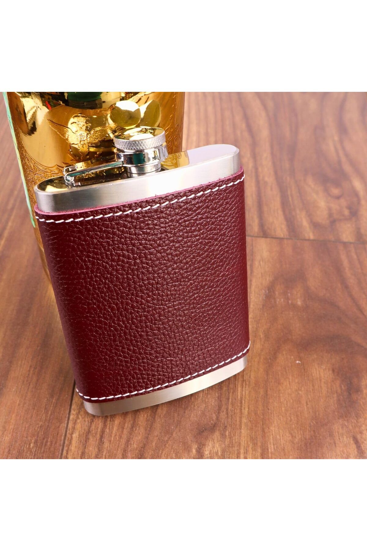 salesalbutik 8 Oz 235 cc Hunili Kızıl Kahverengi Hakiki Deri Kılıflı Çelik Viski İçki Matarası