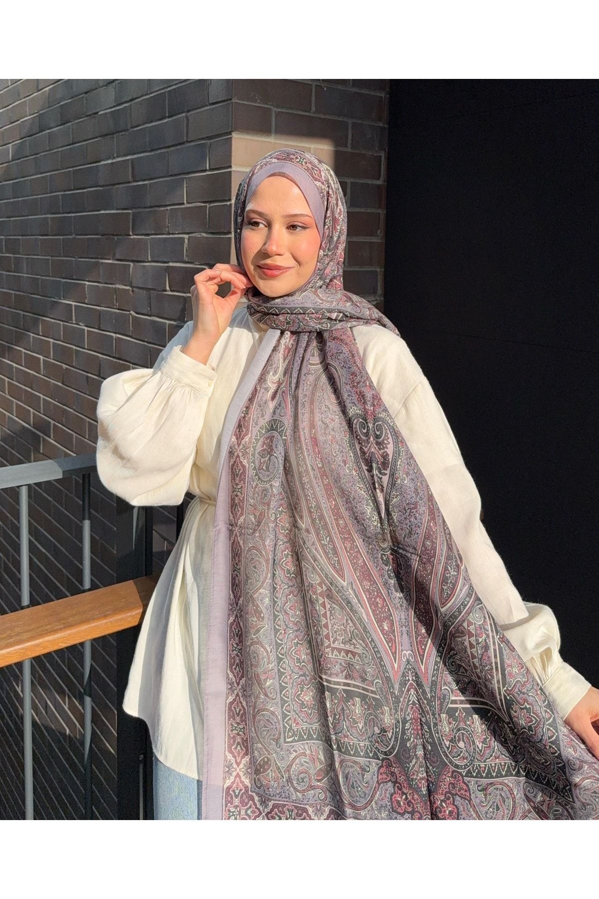 MODA Retro Desen Etnik Pamuk Soft Şal. Lila