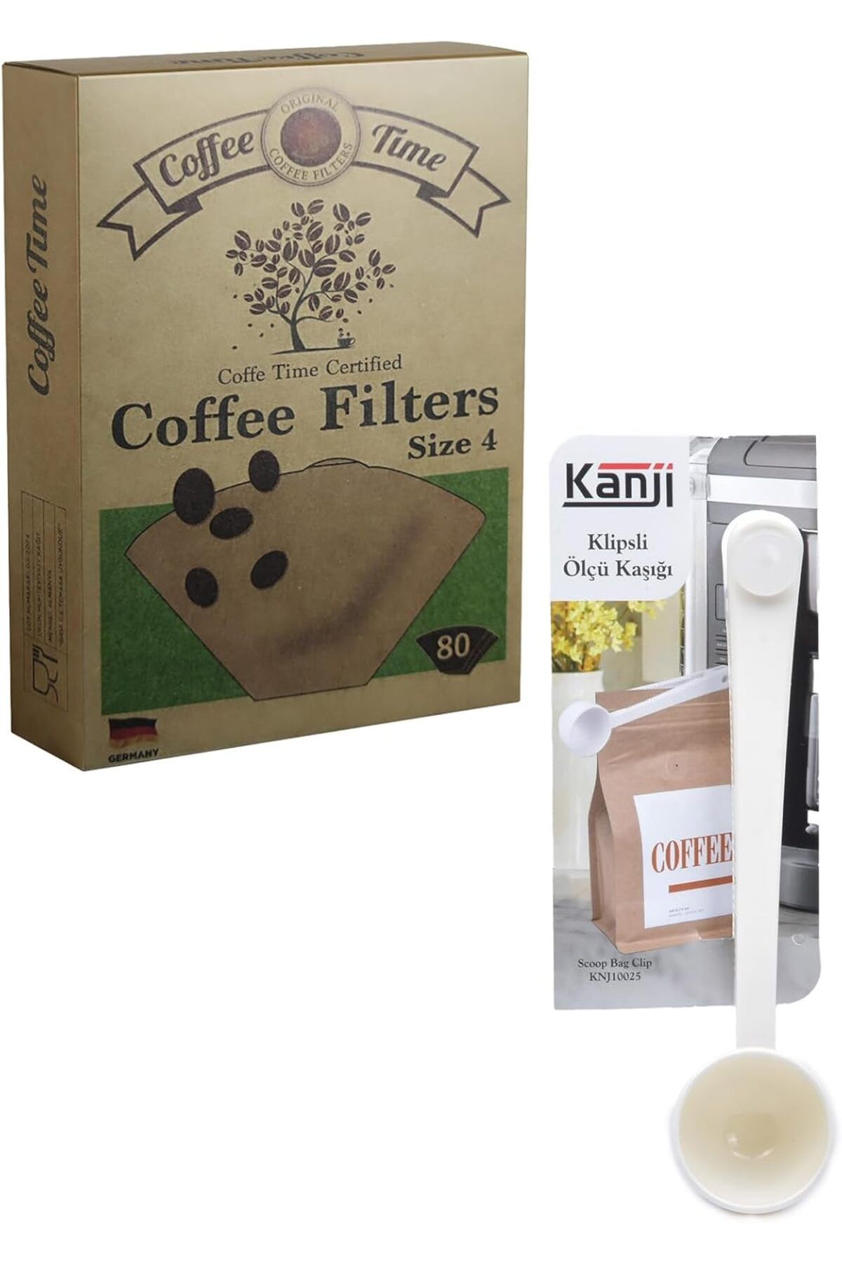 MCreative Time Filtre Kahve Kağıdı 1/4 4 Numara 80'li Paket + Kanji Klipsli Çay Kahve Ölçü Kaşığı - Beyaz