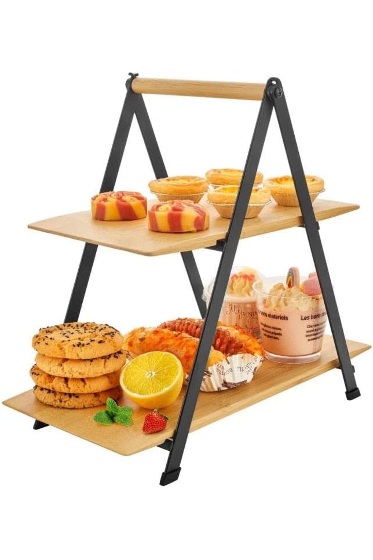 STOREMAX 2 Katlı Dikdörtgen Bambu Servis Sunum Seti Büyük Boy, Kuru Pasta, Kurabiye ve Kek Sunu