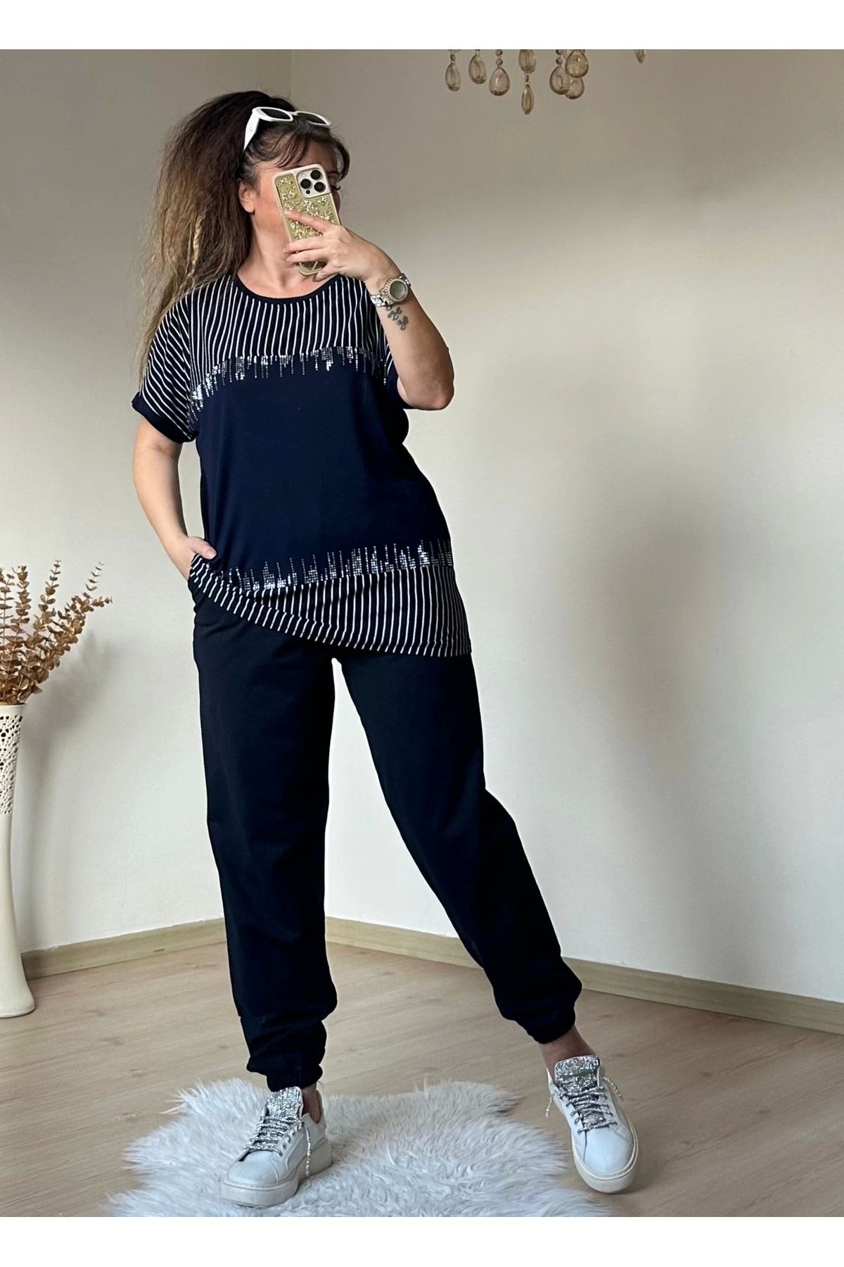 azra moda Ön Çizgili Taşlı Takım